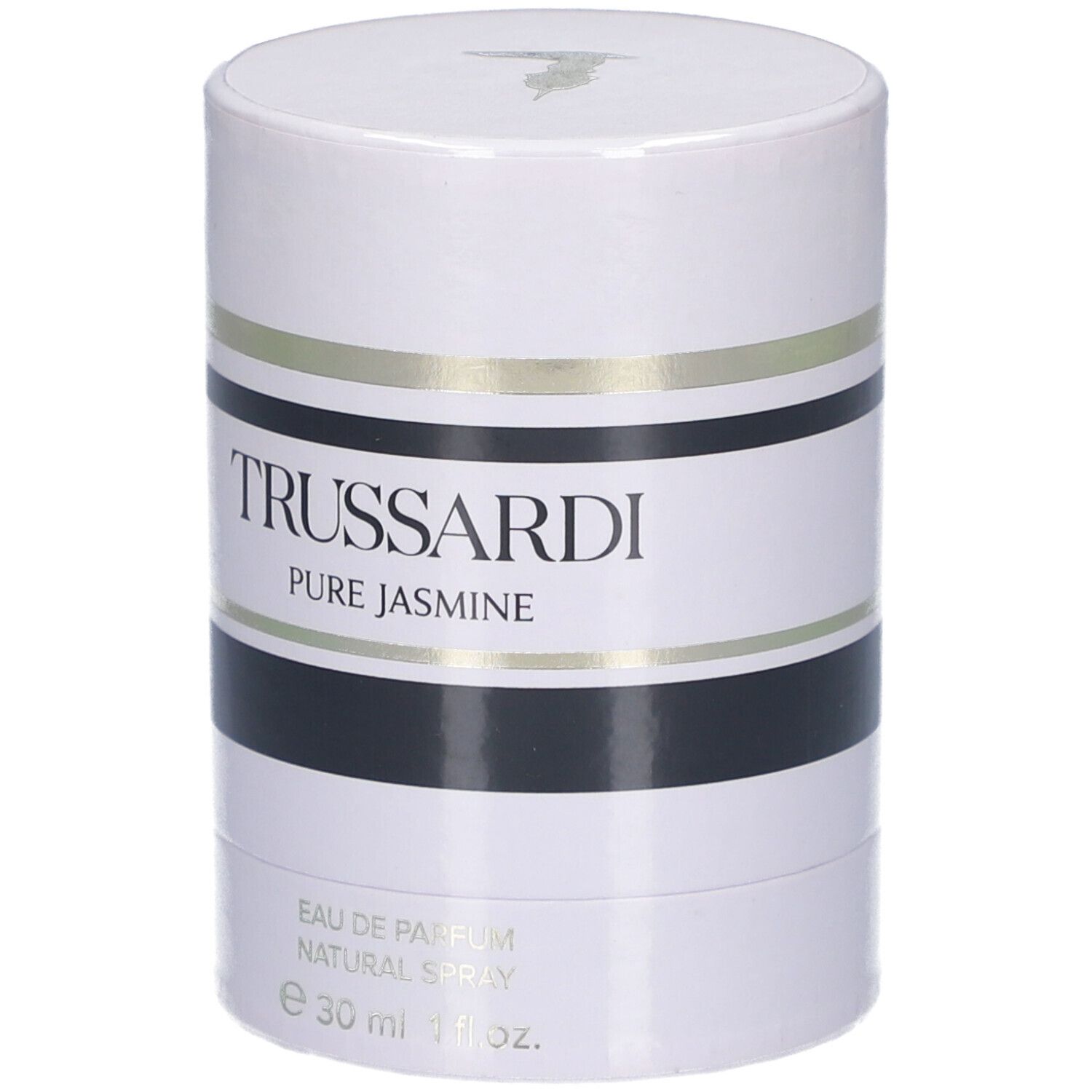 Emballage cylindrique blanc avec bandes noires et dorées. Inscription: TRUSSARDI PURE JASMINE. 30ml.