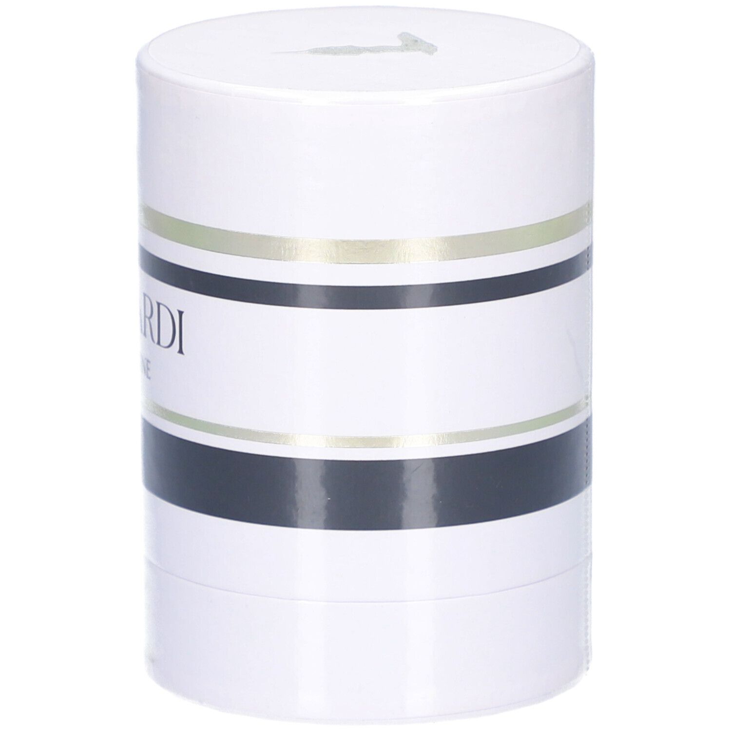 Emballage cylindrique blanc, rayures noires et dorées. Texte: TRUSSARDI PURE JASMINE. Eau de Parfum Natural Spray.