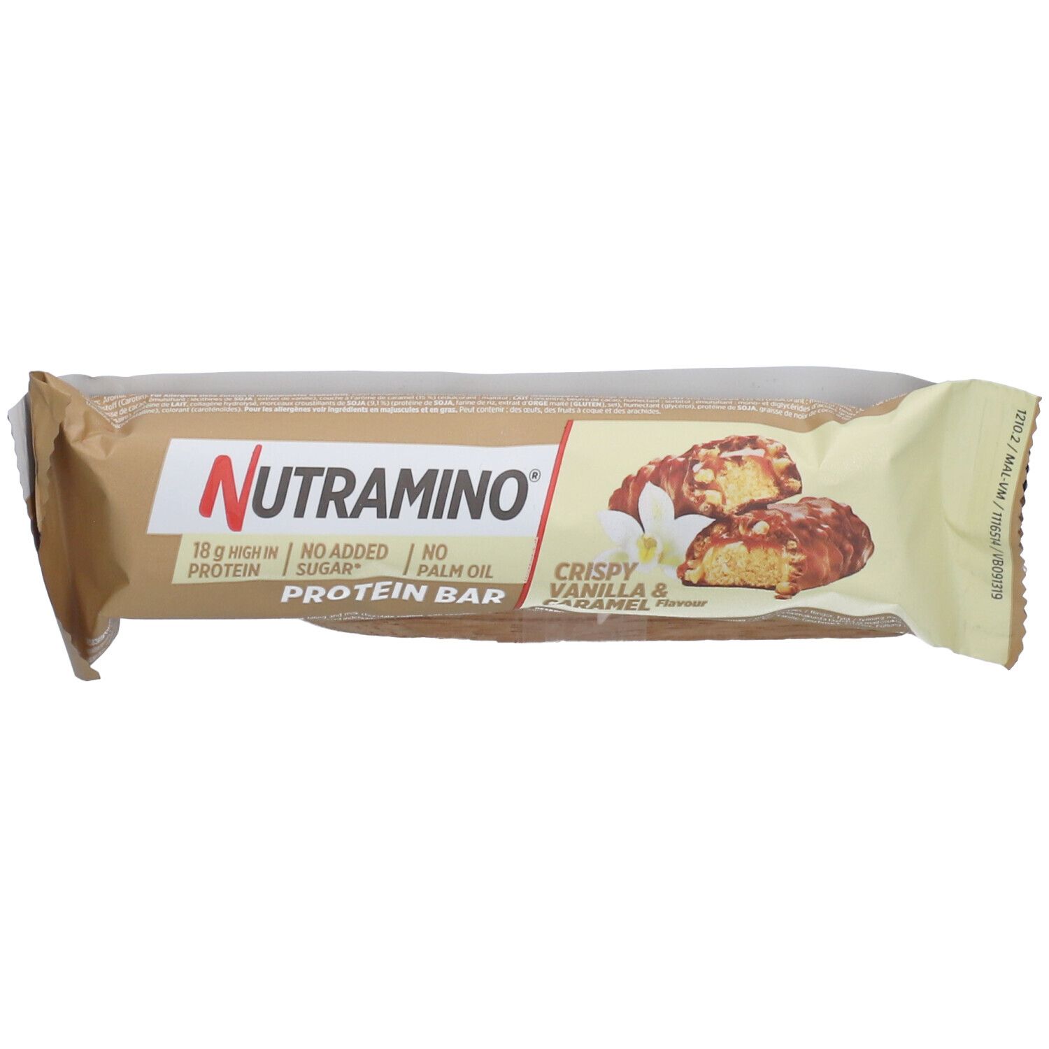 Barre protéinée emballée. Inscription: Nutramino, Crispy Vanille & Caramel, 18g protéines, sans sucre ajouté, sans huile de palme.