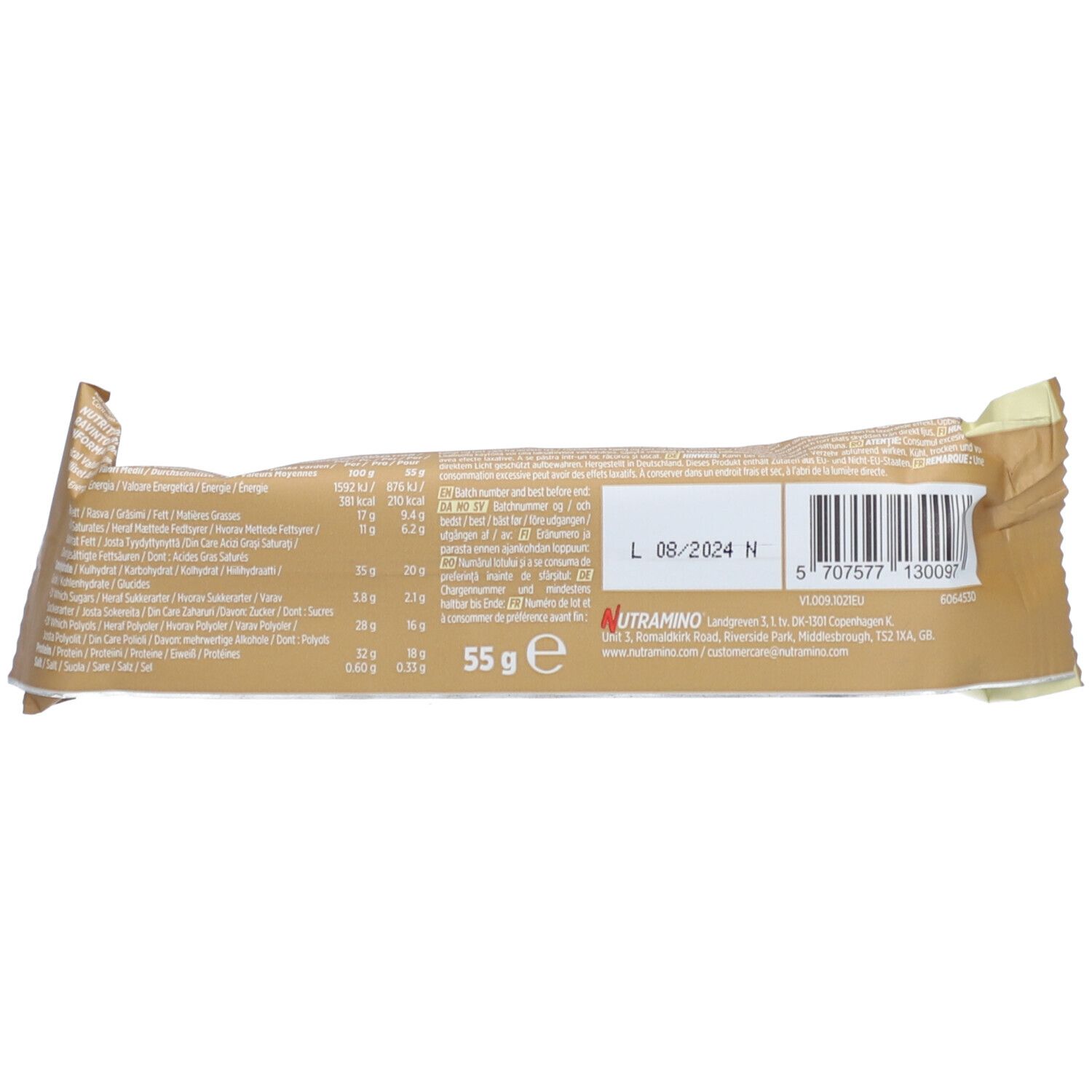 Dos de l'emballage de la barre protéinée. Contient des informations nutritionnelles, un code-barres et le logo Nutramino. Poids: 55 g.