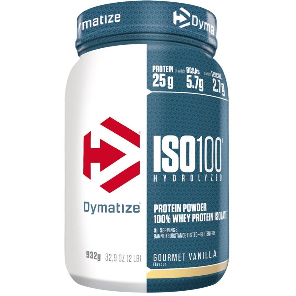 Dymatize ISO100 pot, wit en blauw. Bevat 25g eiwit, 5,7g BCAA, 2,7g leucine. Gourmet vanille smaak.