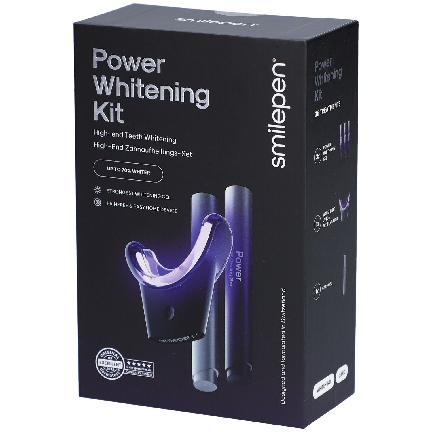 Zwarte verpakking "Power Whitening Kit". Bevat gel, mondstuk en pennen. Merk: smilepen.