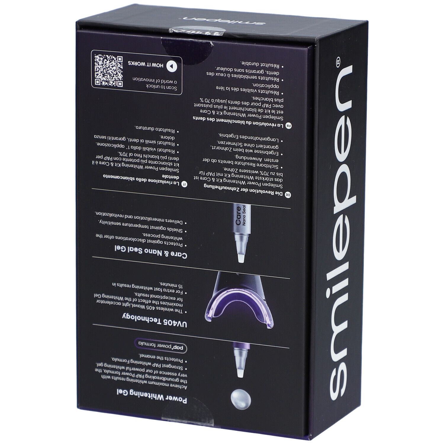 Achterkant van de doos. Tekst in het Duits, Frans, Italiaans. Informatie over het product en gebruik.