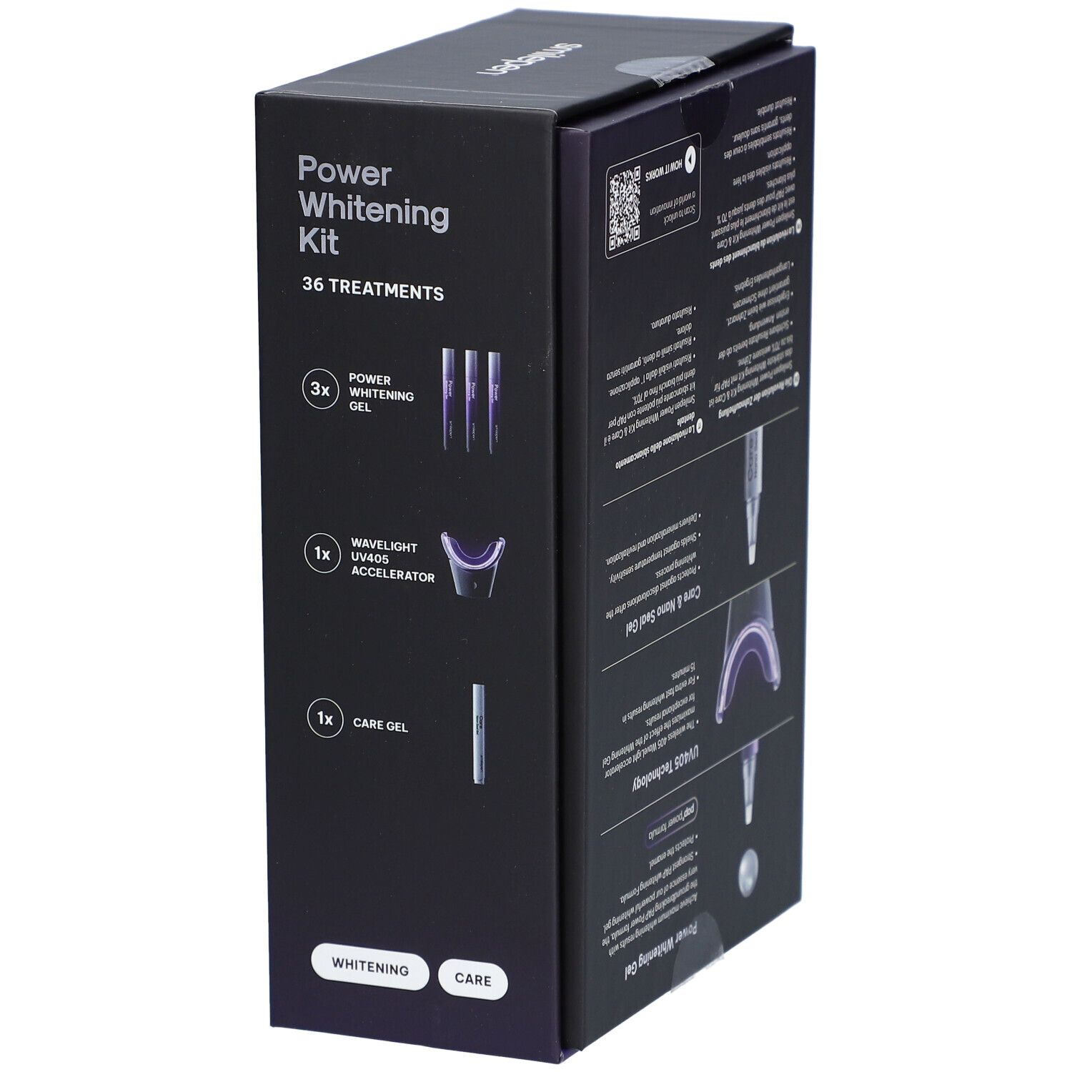 Doos "Power Whitening Kit". Bevat gel, mondstuk en pennen. 36 behandelingen. Merk: smilepen.