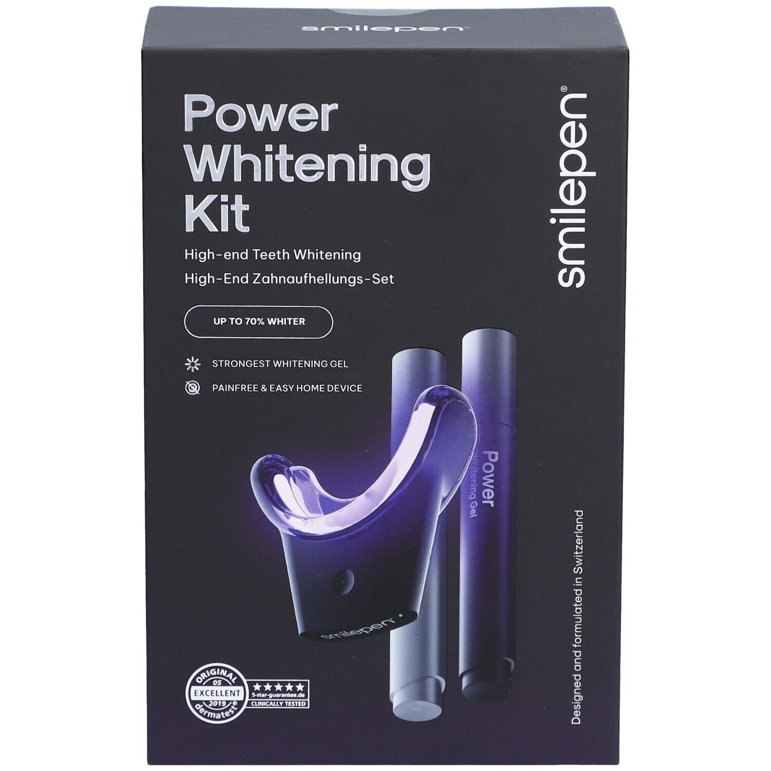 Zwarte doos "Power Whitening Kit". Bevat gel, mondstuk en pennen. Merk: smilepen.
