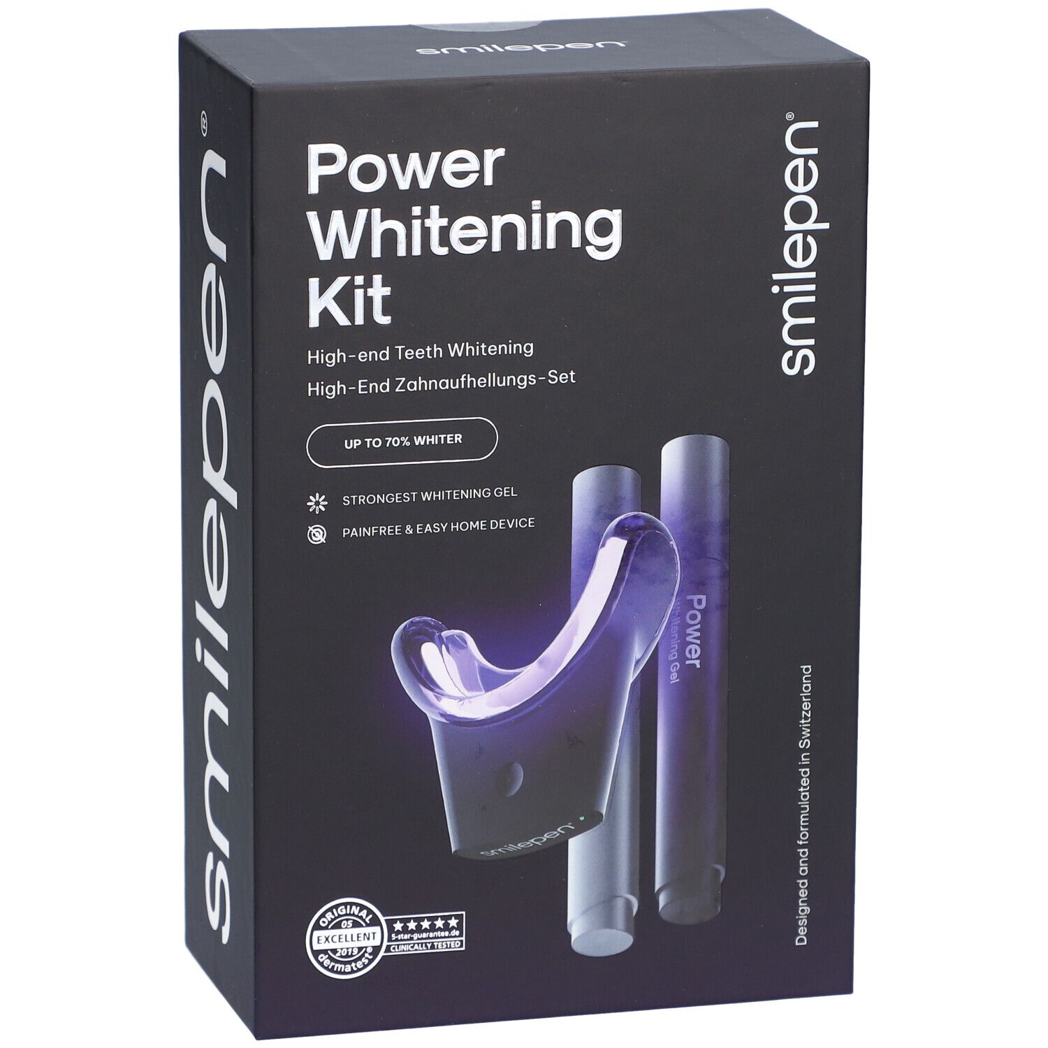 Zwarte doos "Power Whitening Kit". Bevat gel, mondstuk en pennen. Merk: smilepen.