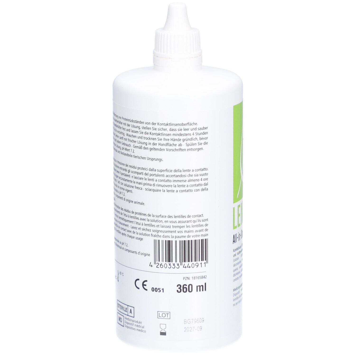 Witte fles met schroefdop. Productinformatie en CE-markering. 360 ml.