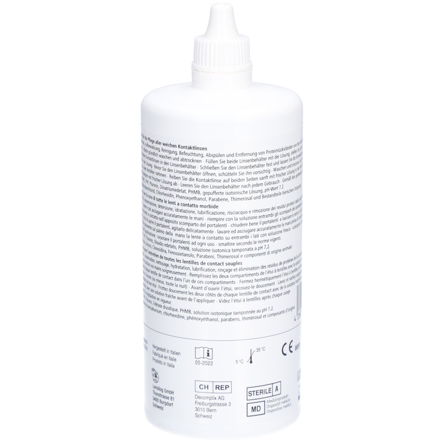 Witte fles met schroefdop. Tekst met productinformatie. CE-markering en Steriel A-zegel.