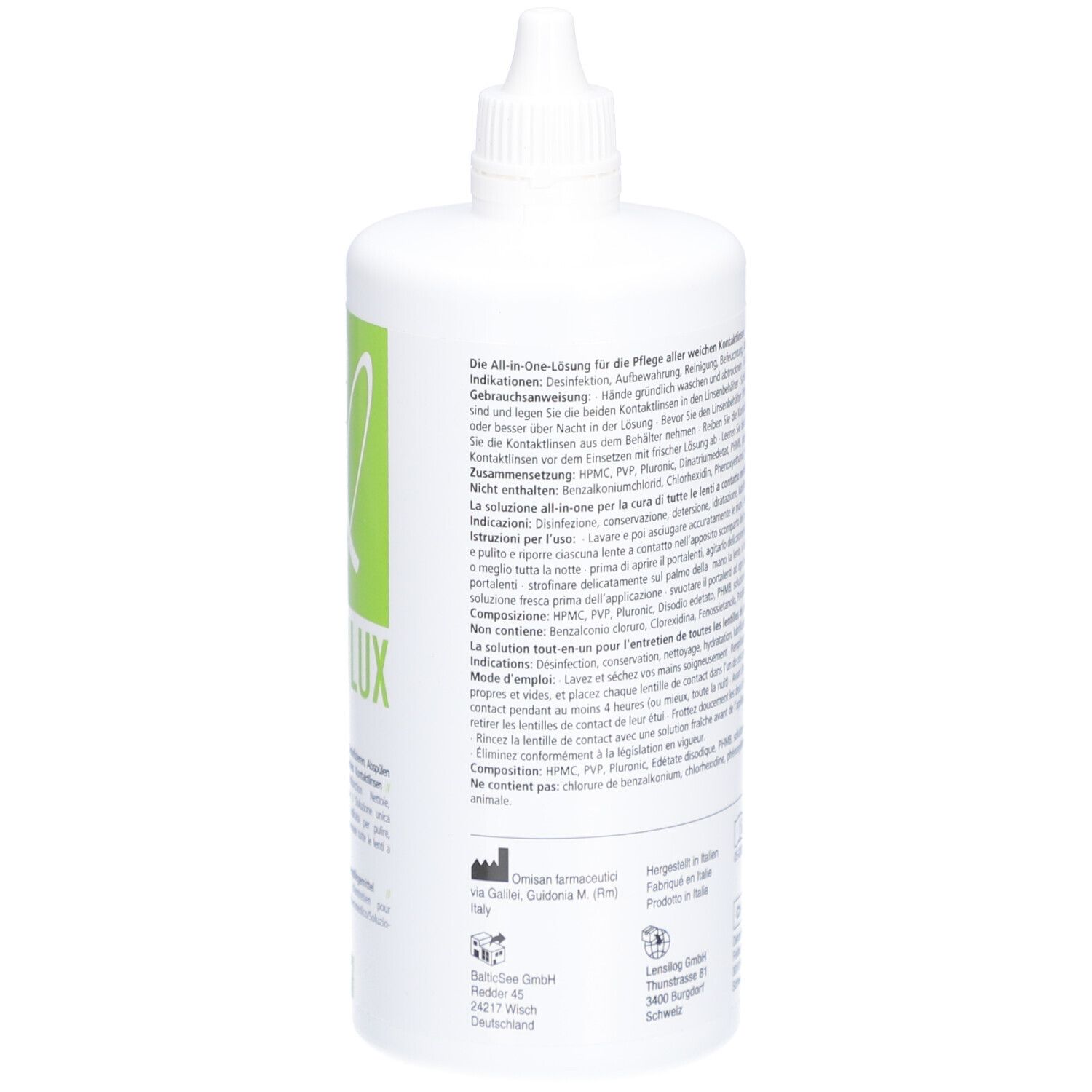 Witte fles met schroefdop. Groen etiket met productnaam en tekst. CE-markering.