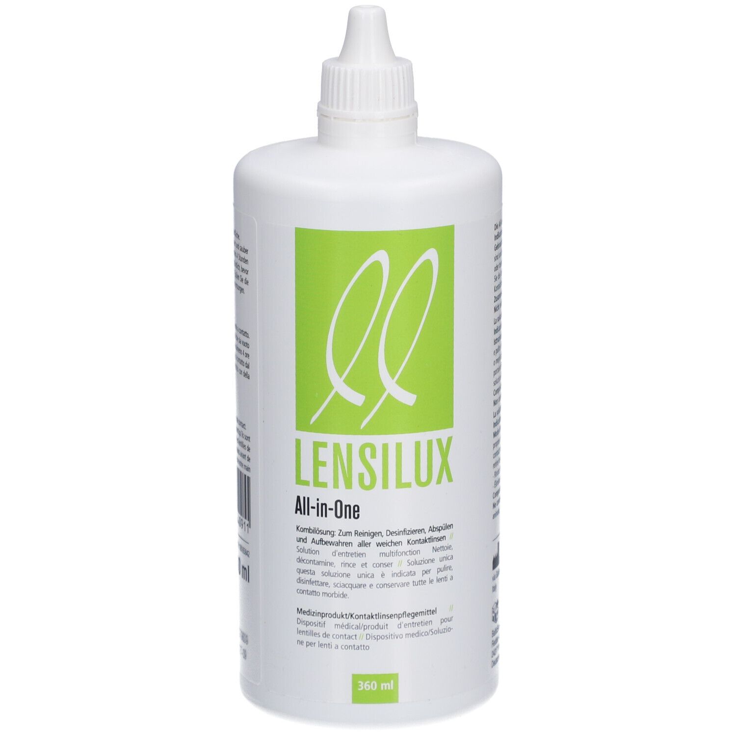 Witte fles met schroefdop. Groen etiket met productnaam LENSILUX All-in-One en tekst. 360 ml.