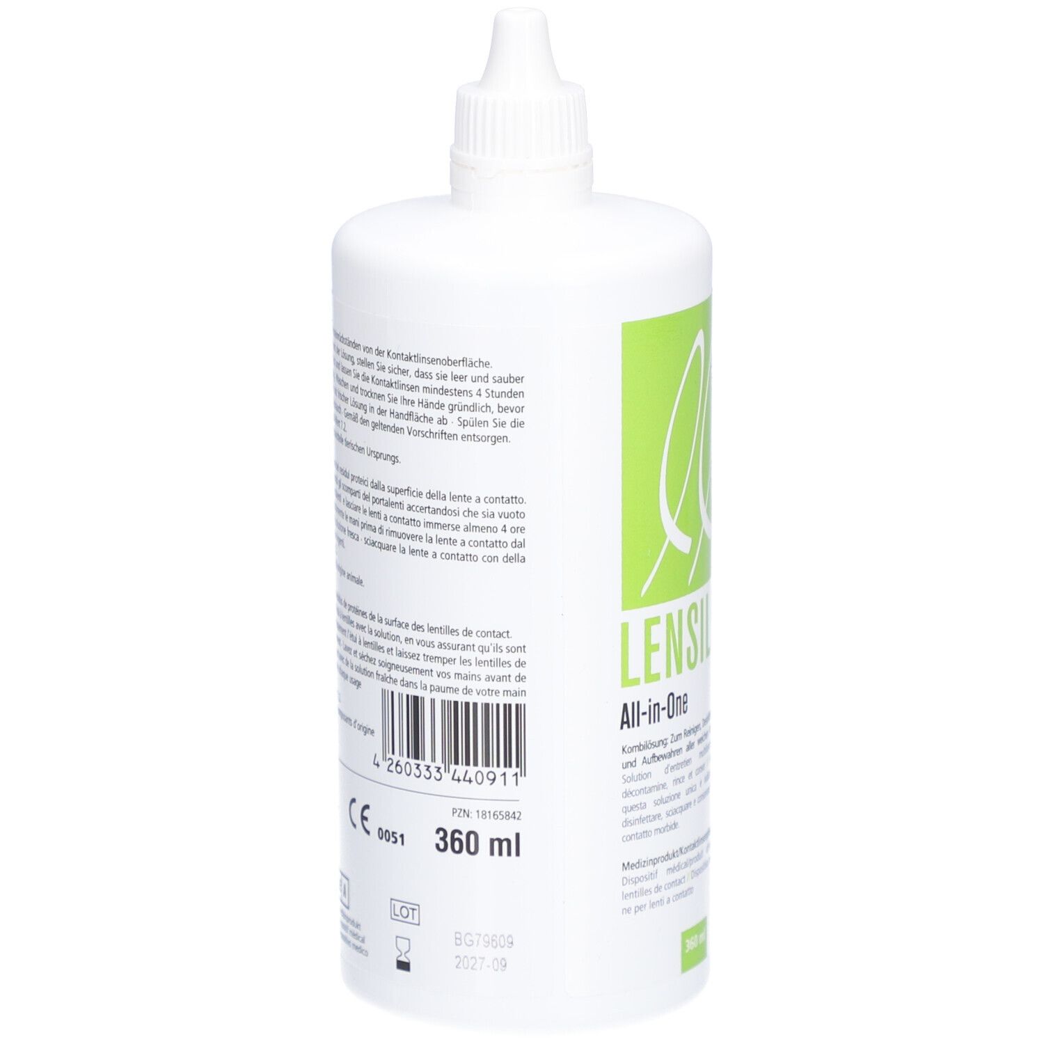 Witte fles met schroefdop. Groen etiket met productinformatie en CE-markering. 360 ml.