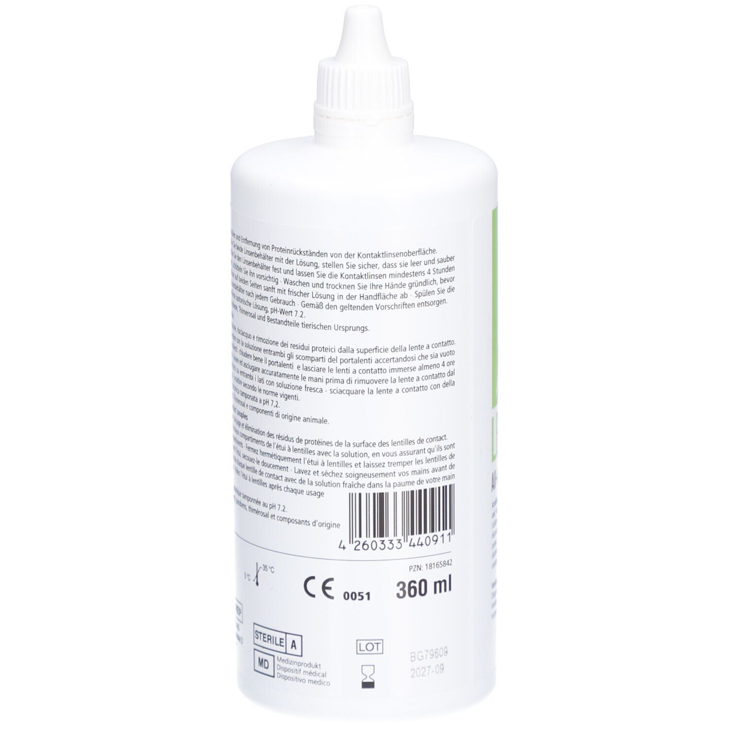 Witte fles met schroefdop. Groen etiket met productinformatie en CE-markering. 360 ml.