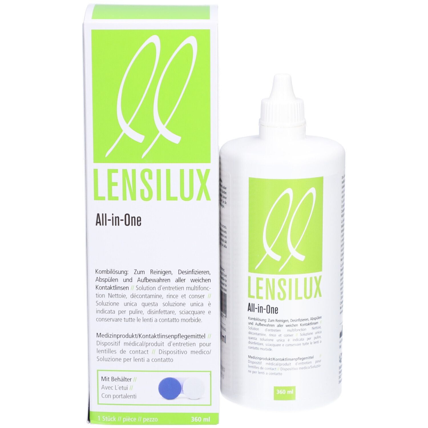 Product LENSILUX All-in-One en verpakking. Witte fles en groene verpakking. 360 ml. Met houder.