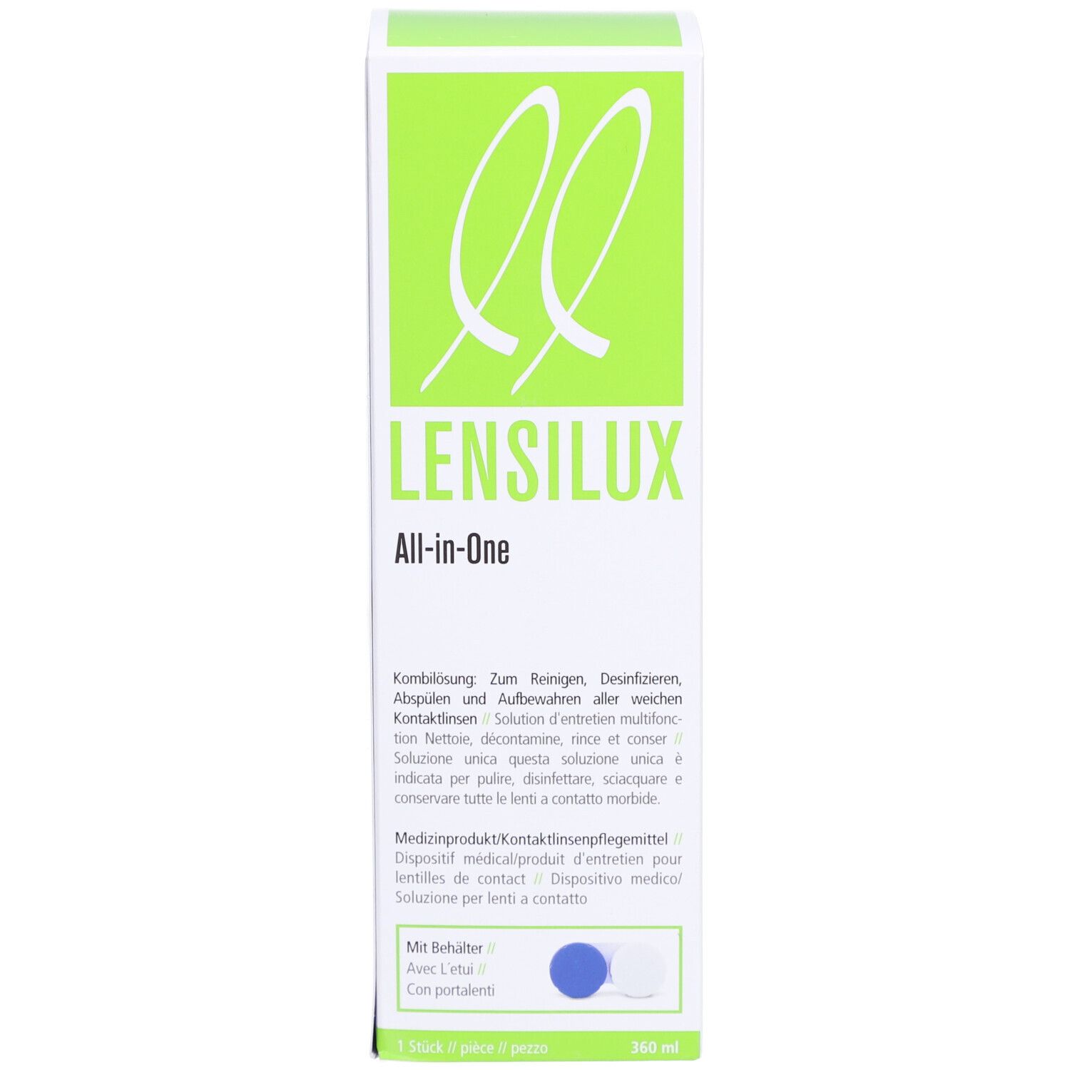 Groene verpakking met productnaam LENSILUX All-in-One. Met houder. 180 ml.