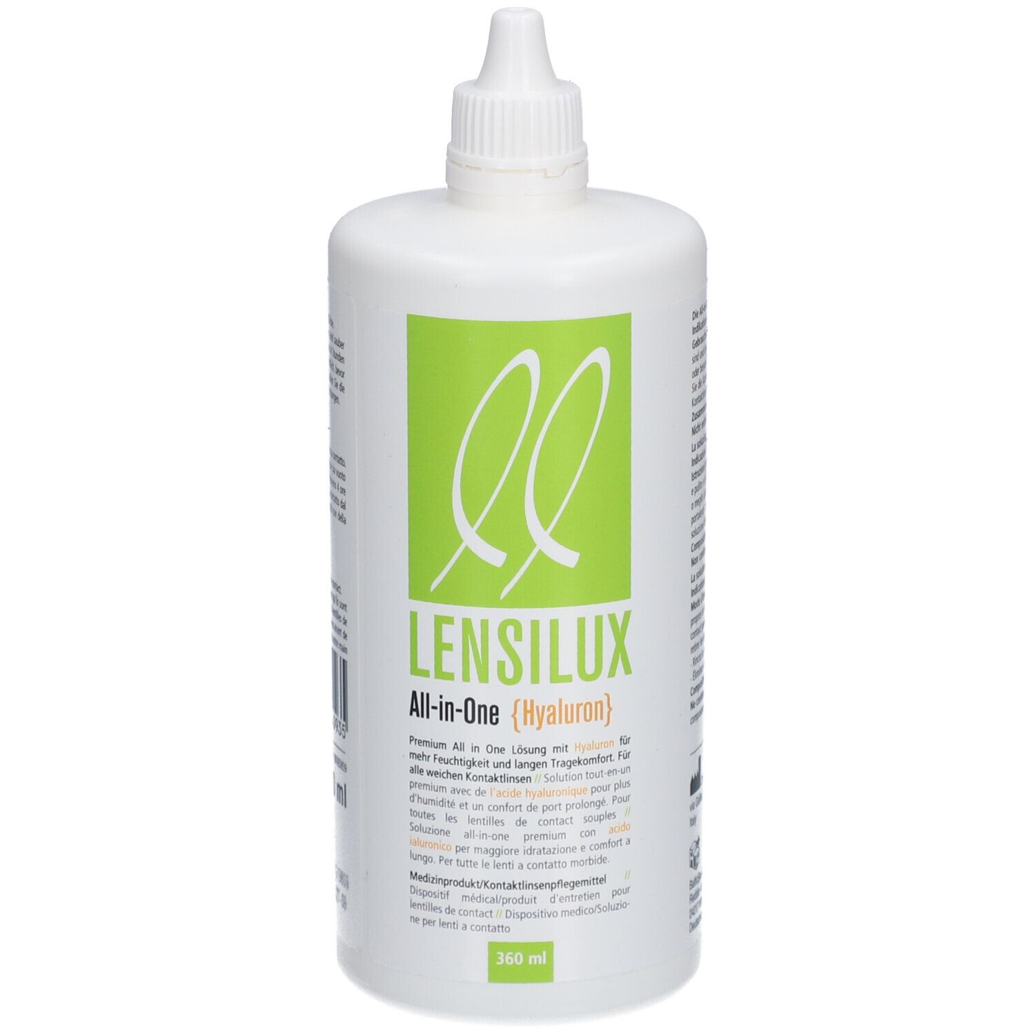 Witte fles met groen etiket. Opschrift: LENSILUX All-in-One (Hyaluron). 360 ml.