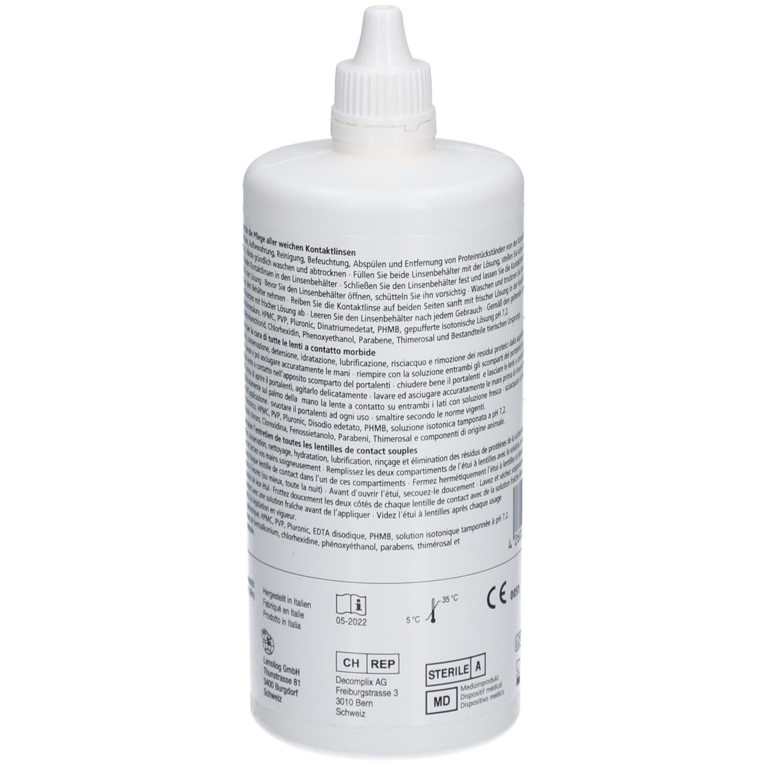 Achterkant van de witte fles. Meertalige tekst. Steriel A. MD-markering.