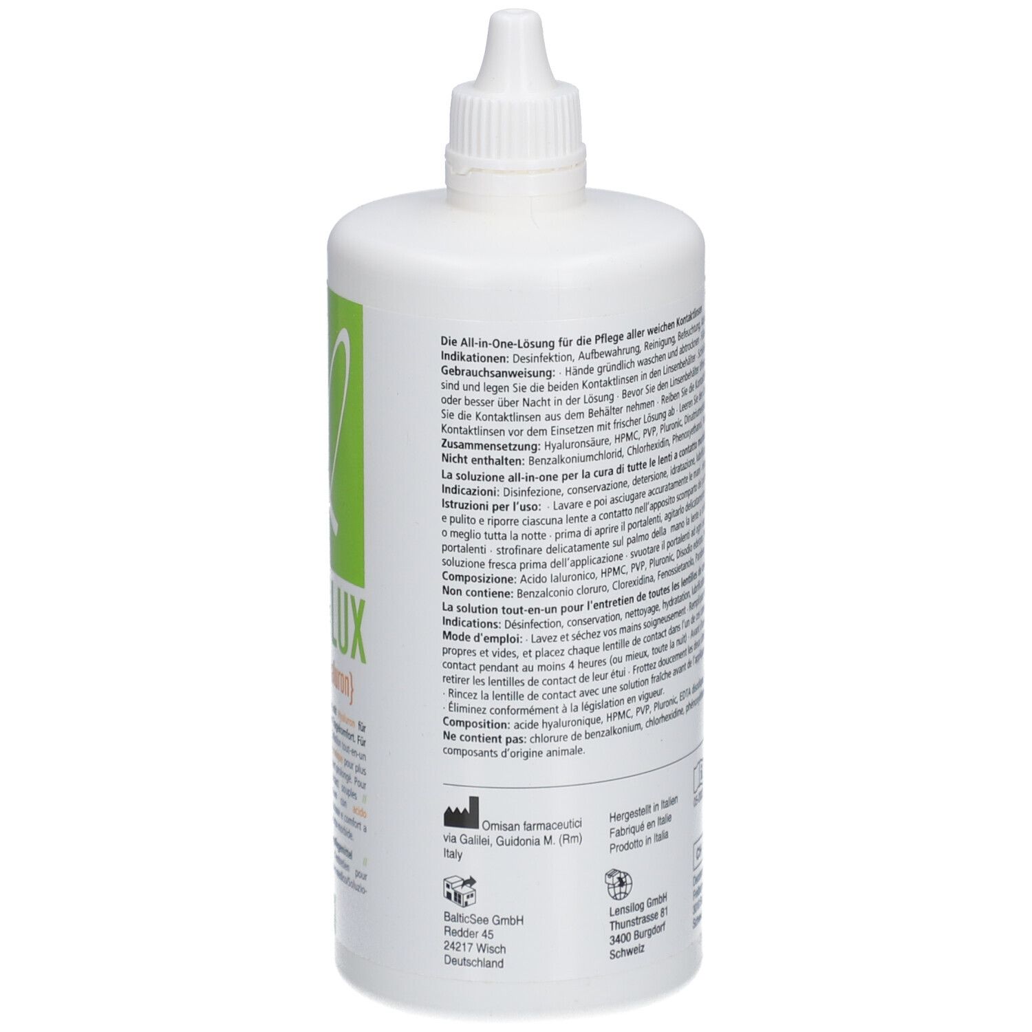 Achterkant van de witte fles. Meertalige tekst. Fabrikantinformatie.