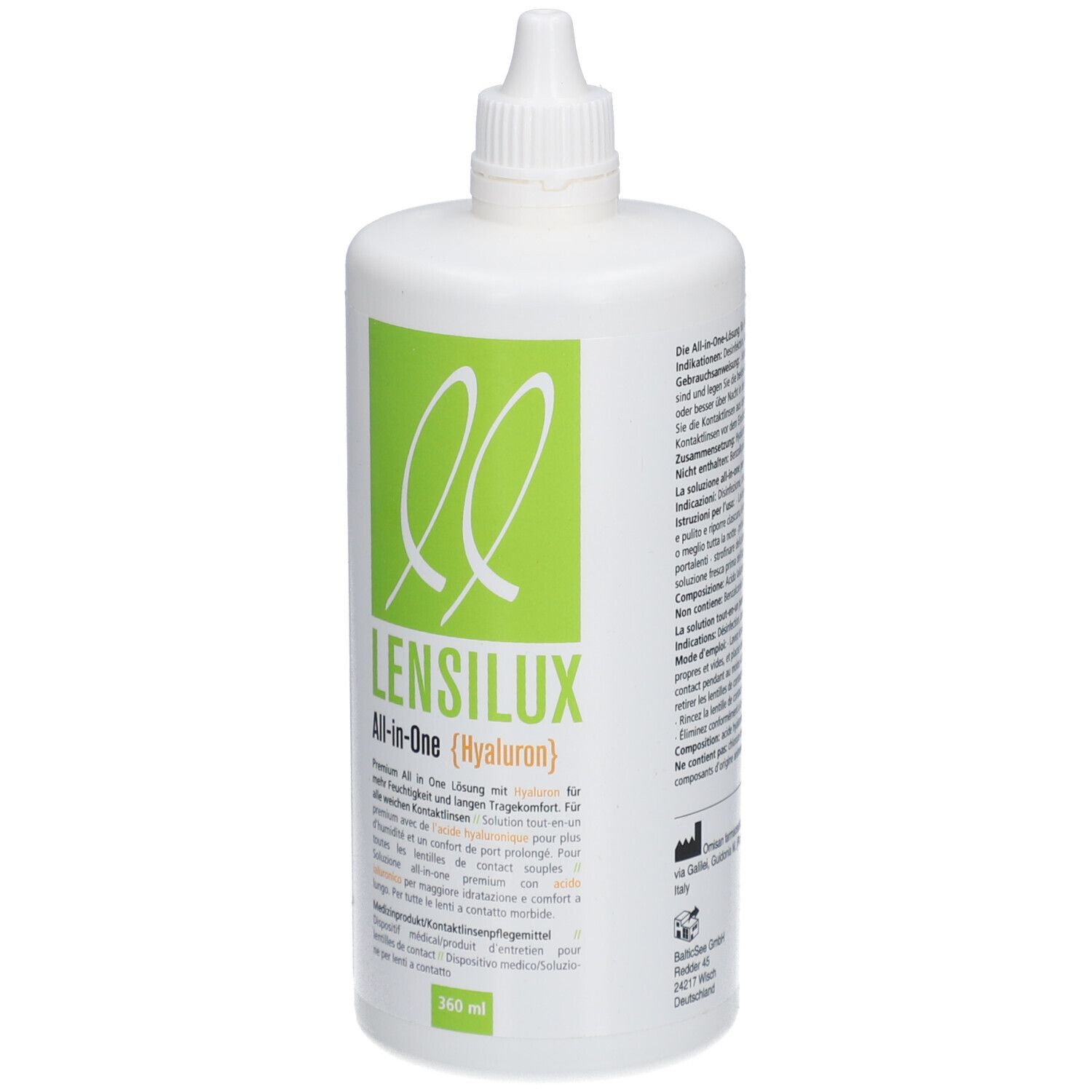 Witte fles met groen etiket. Opschrift: LENSILUX All-in-One (Hyaluron). 360 ml.