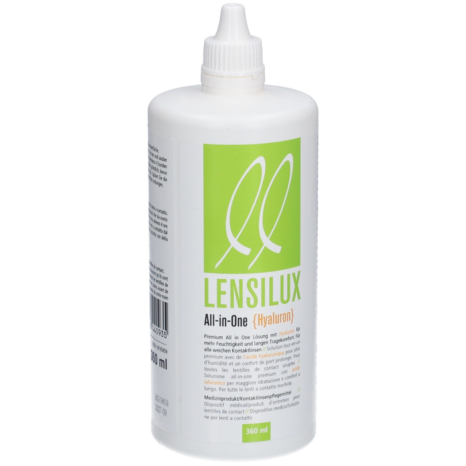 Witte fles met groen etiket. Opschrift: LENSILUX All-in-One (Hyaluron). 360 ml.
