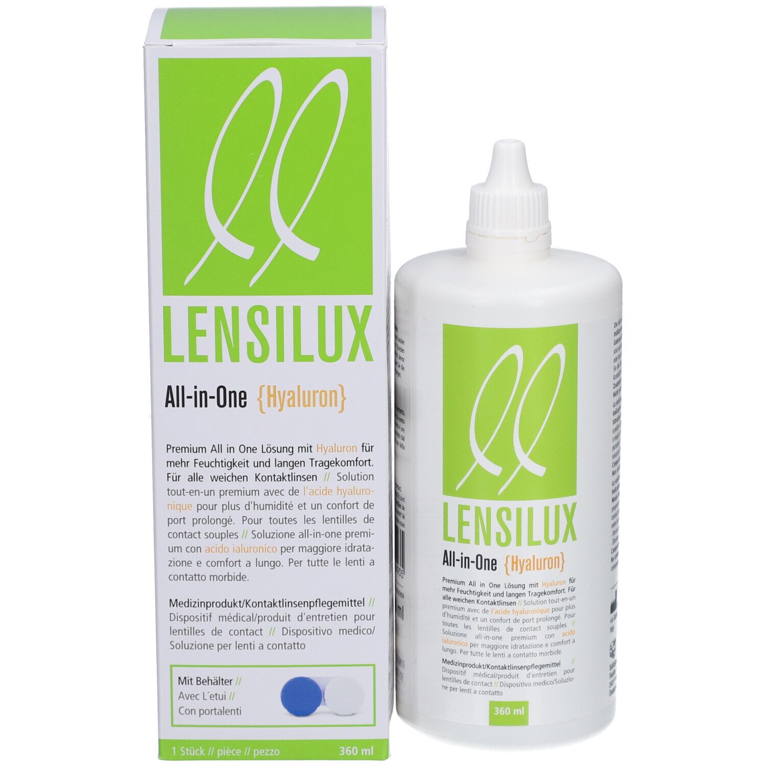 Productverpakking en fles. Opschrift: LENSILUX All-in-One (Hyaluron). 360 ml. Met houder.