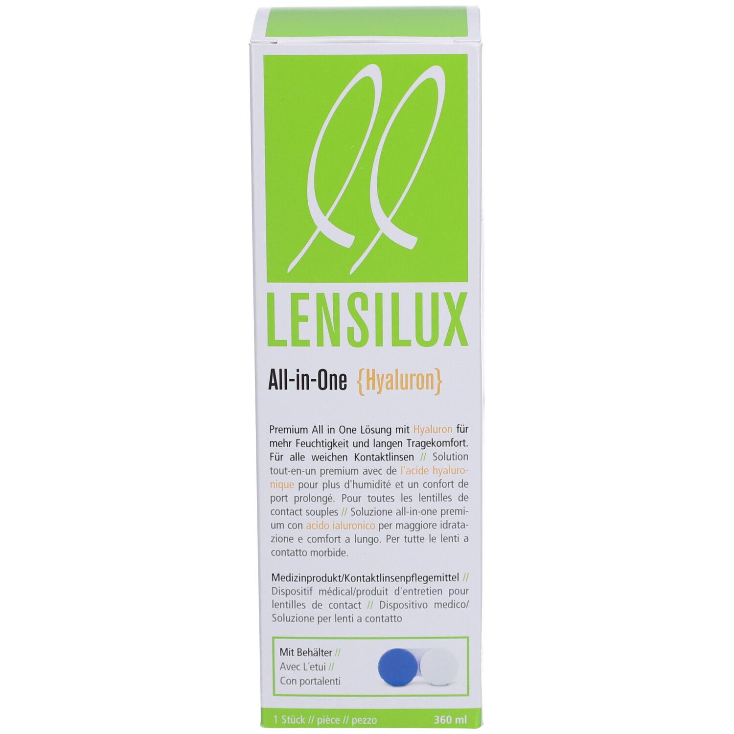 Productverpakking. Opschrift: LENSILUX All-in-One (Hyaluron). Met houder.