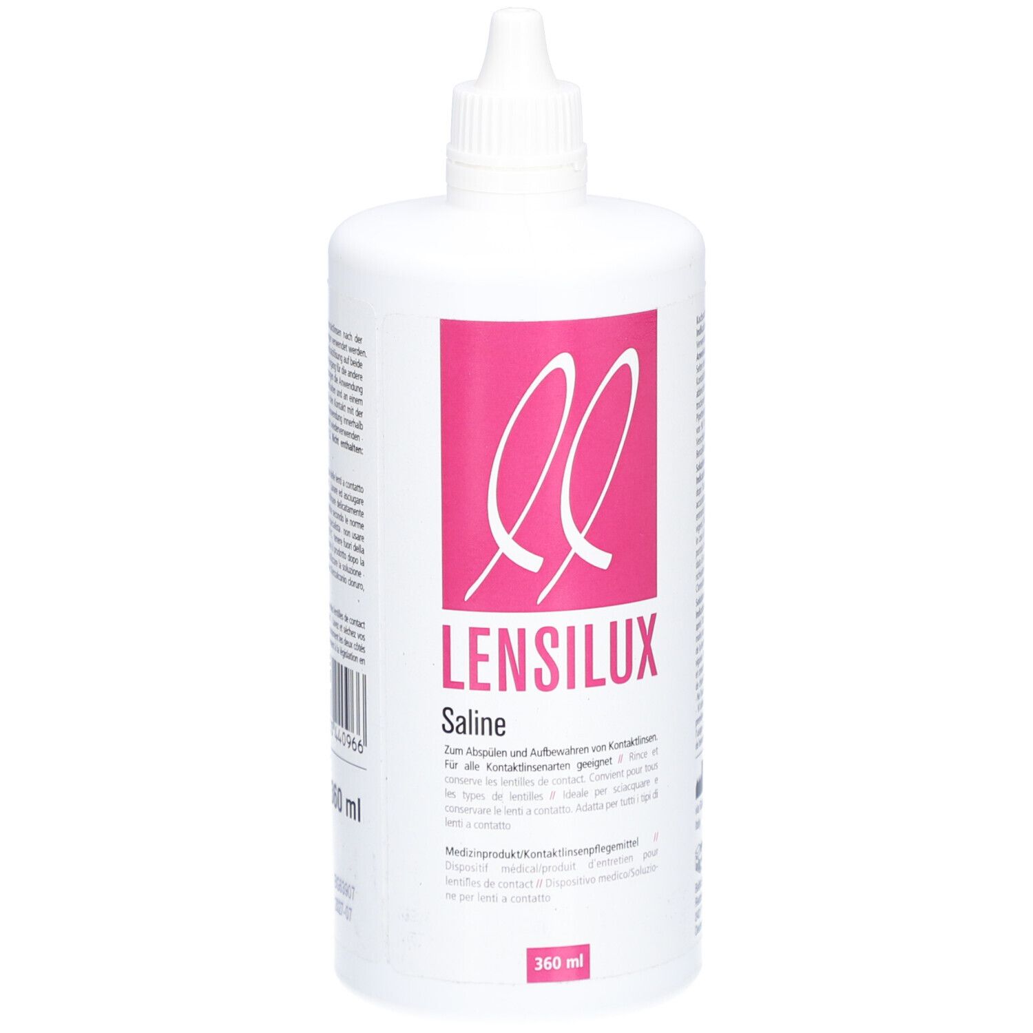 Witte fles met roze etiket. Opschrift: LENSILUX Saline. 360 ml. Met schroefdop.
