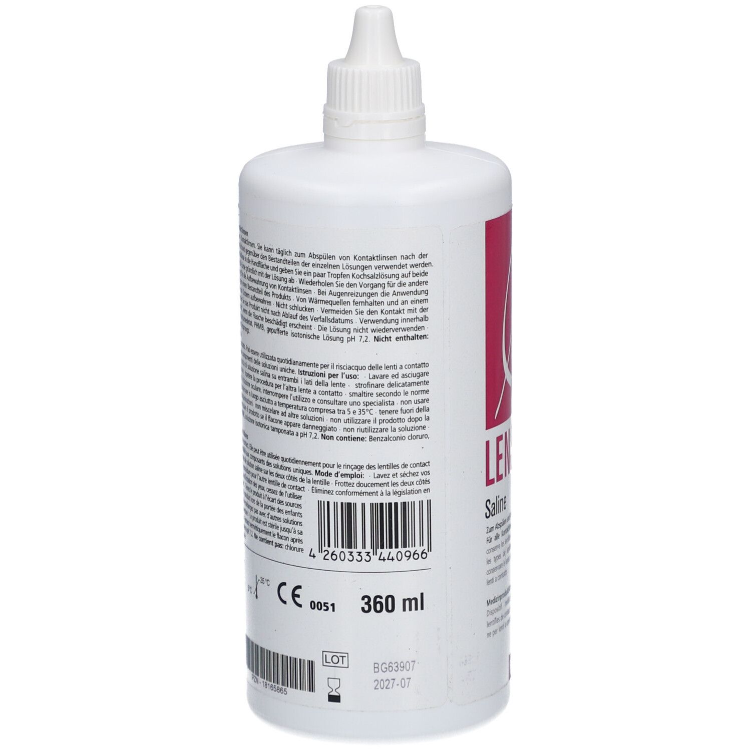 Witte fles met tekst. Opschrift: LENSILUX Saline. 360 ml. Met schroefdop. Barcode en CE-markering.