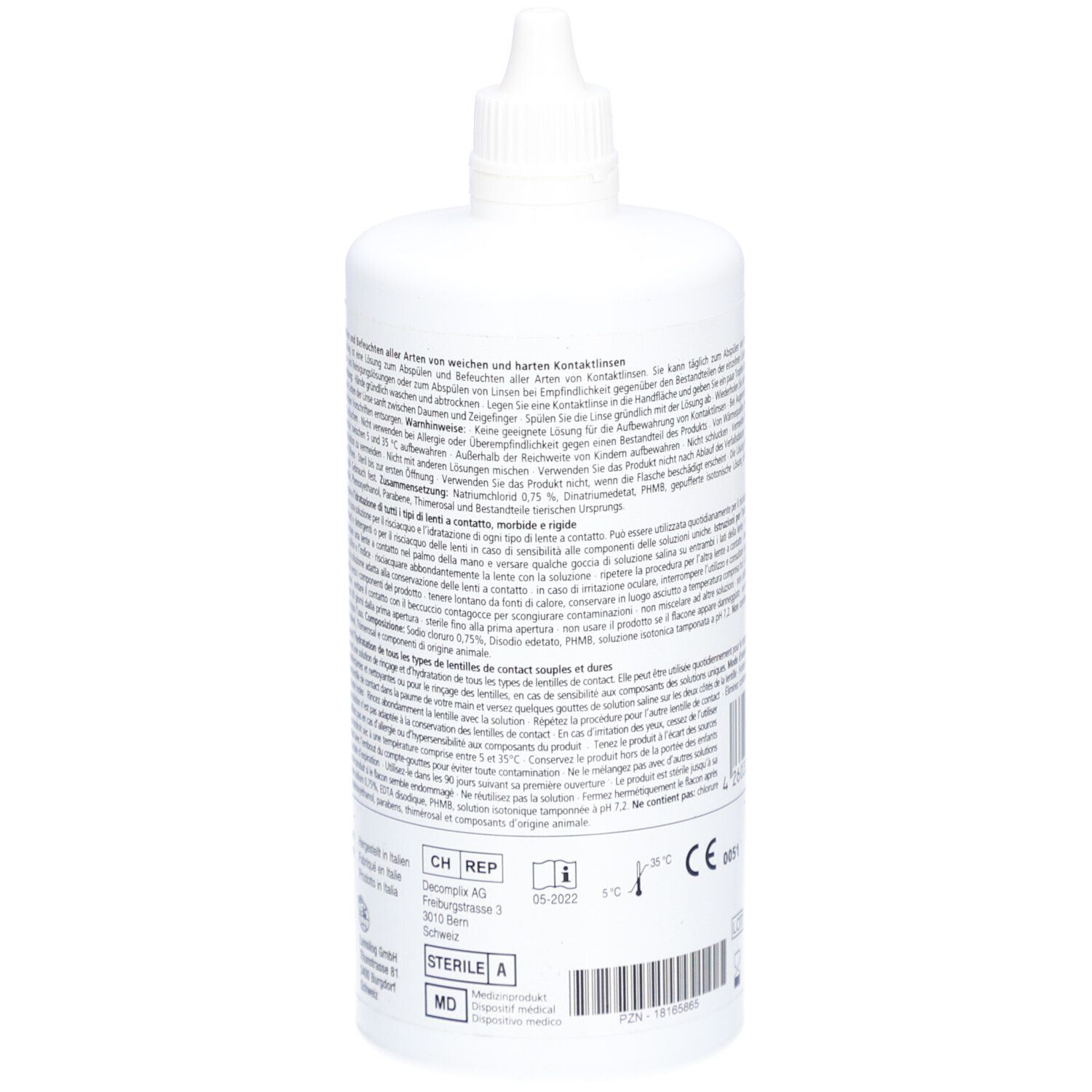 Witte fles met tekst. Opschrift: LENSILUX Saline. Met schroefdop. Steriele A-markering.