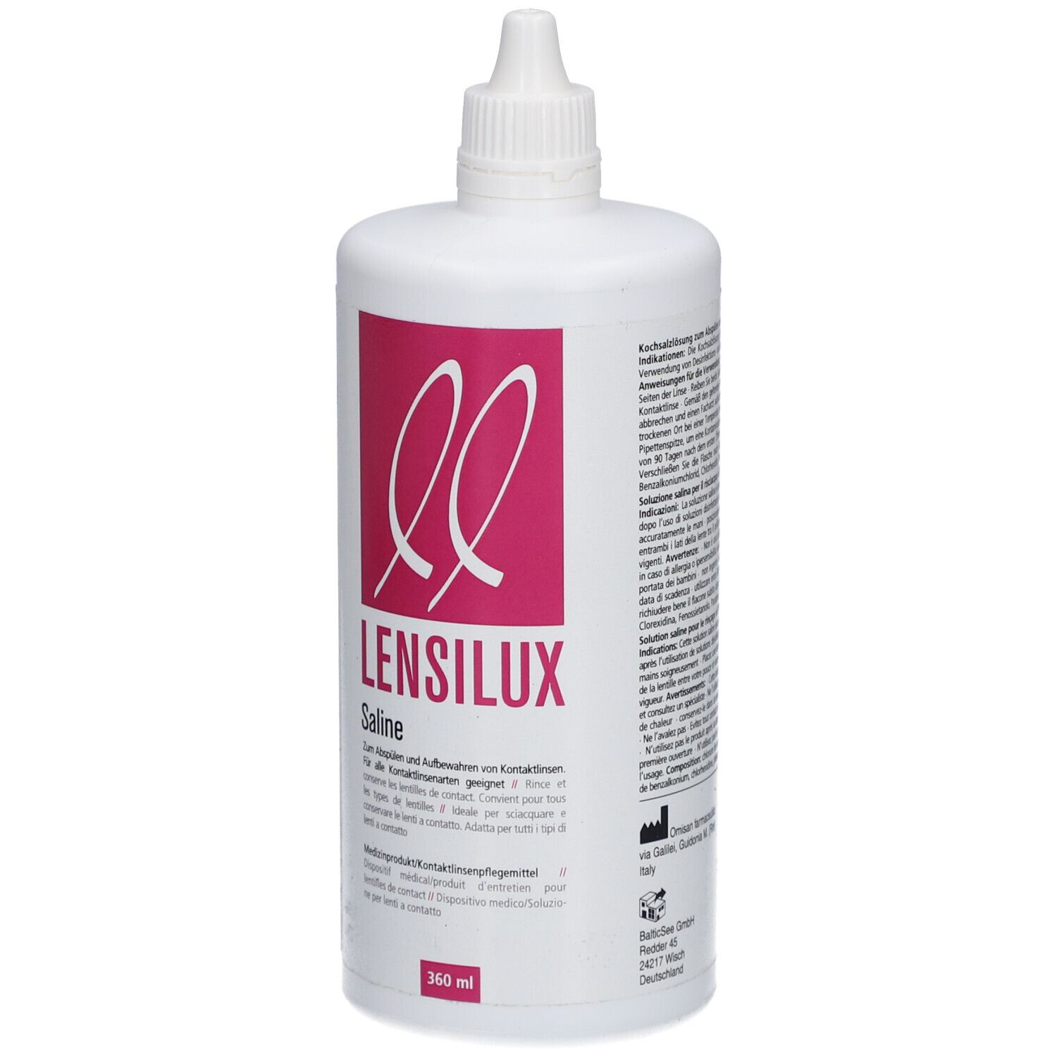 Witte fles met roze etiket. Opschrift: LENSILUX Saline. 360 ml. Met schroefdop.