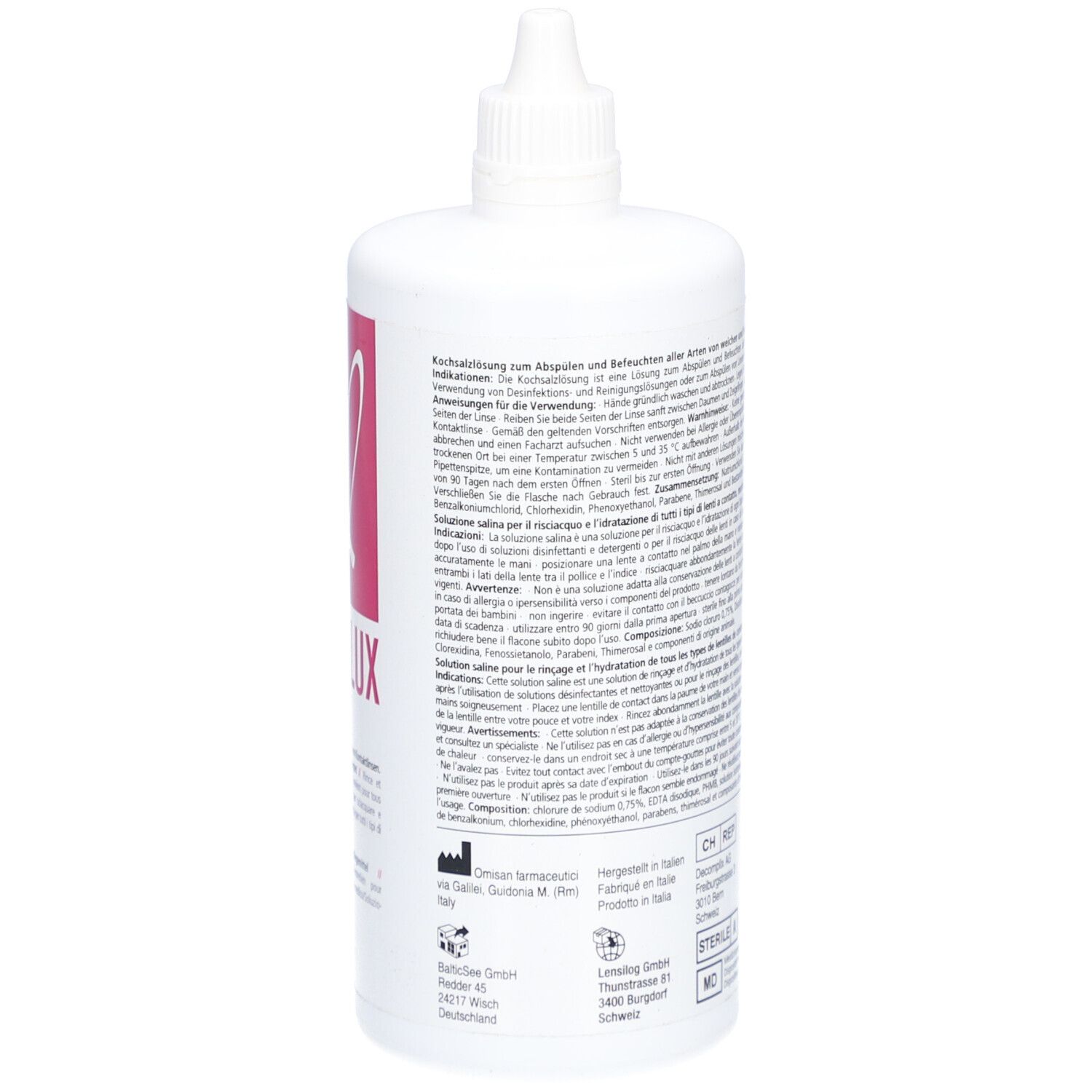 Witte fles met tekst. Opschrift: LENSILUX Saline. 360 ml. Met schroefdop. Fabrikantenlogo.