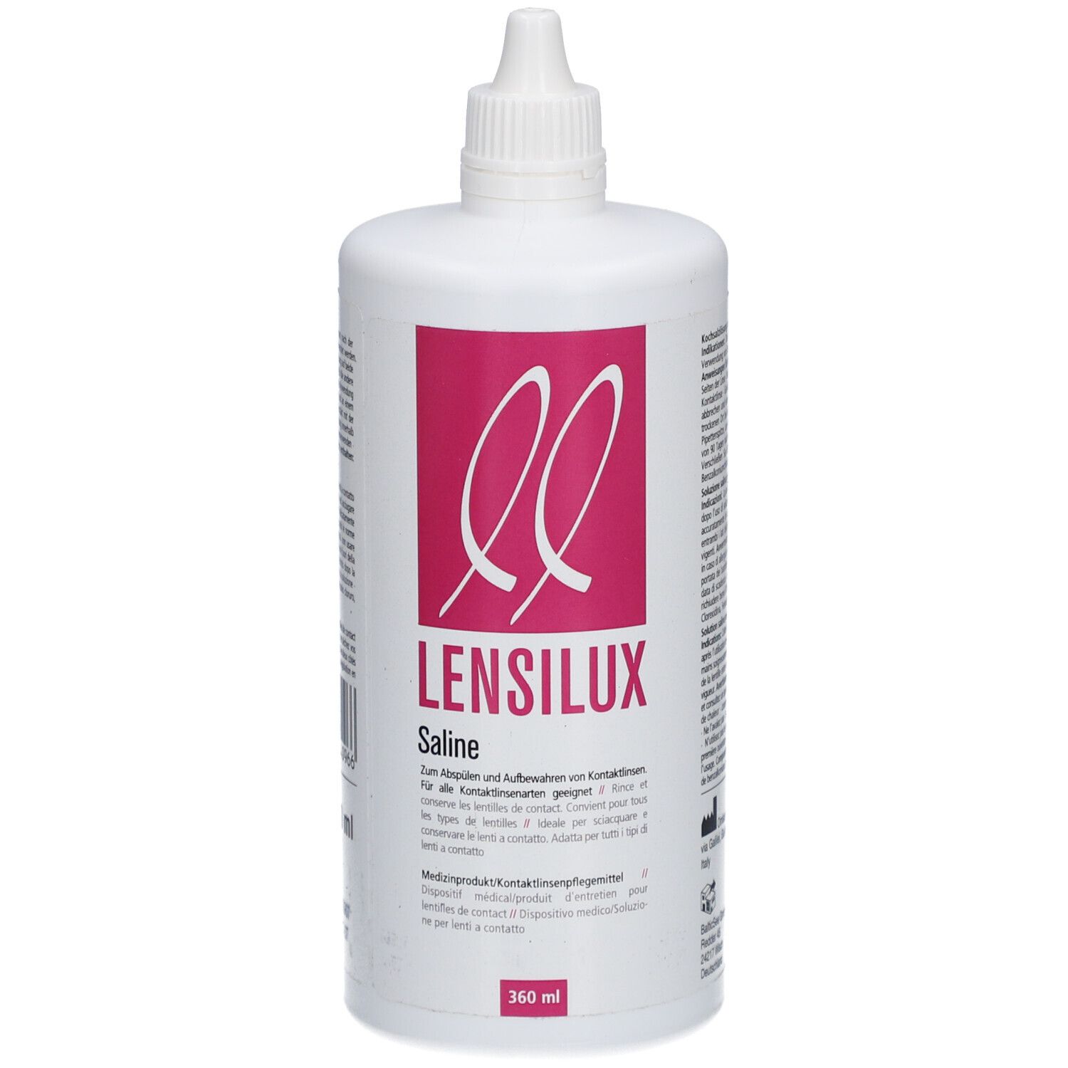 Witte fles met roze etiket. Opschrift: LENSILUX Saline. 360 ml. Met schroefdop.