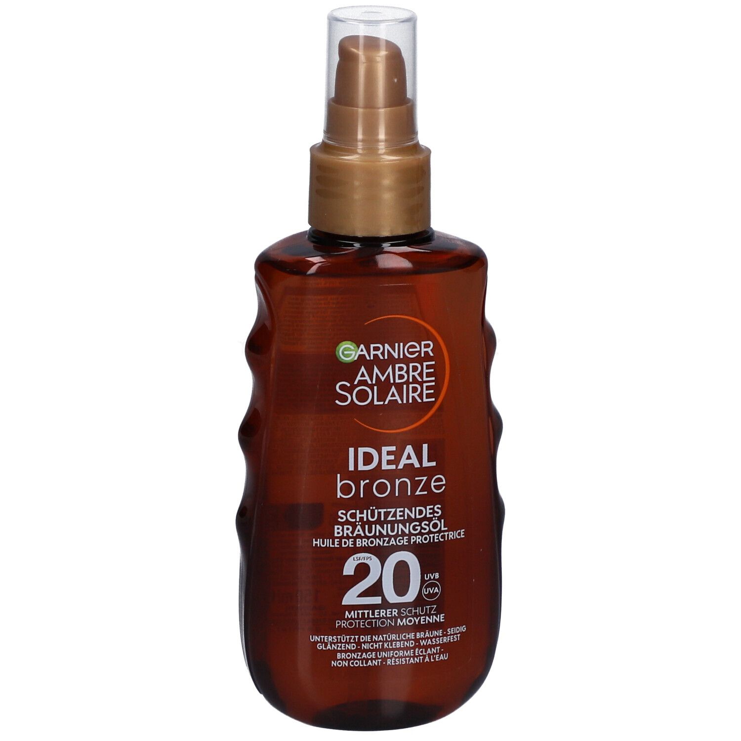 Bruine fles met verstuiver. Opschrift: Garnier Ambre Solaire, Ideal Bronze, factor 20.