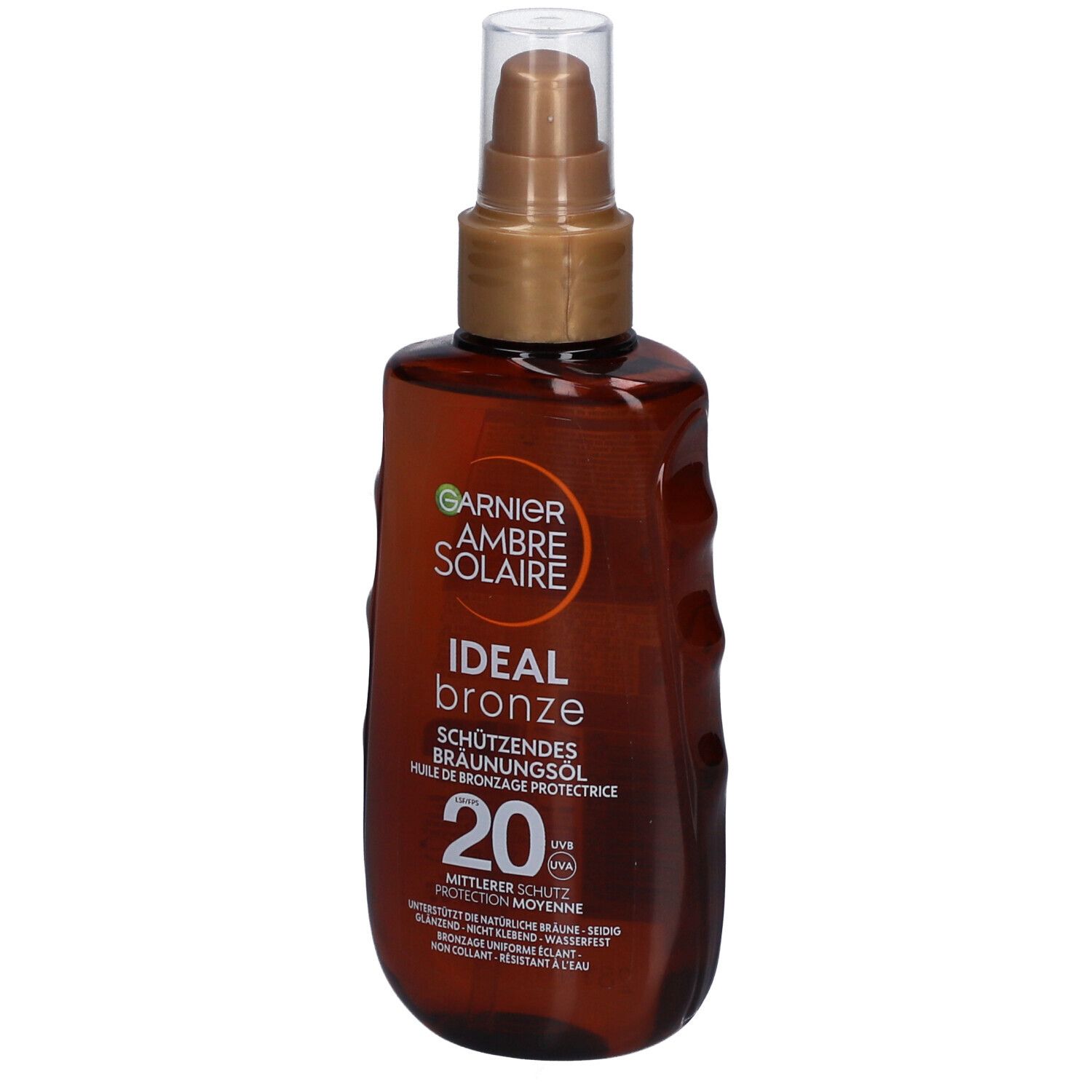 Bruine fles met verstuiver. Opschrift: Garnier Ambre Solaire, Ideal Bronze, factor 20.