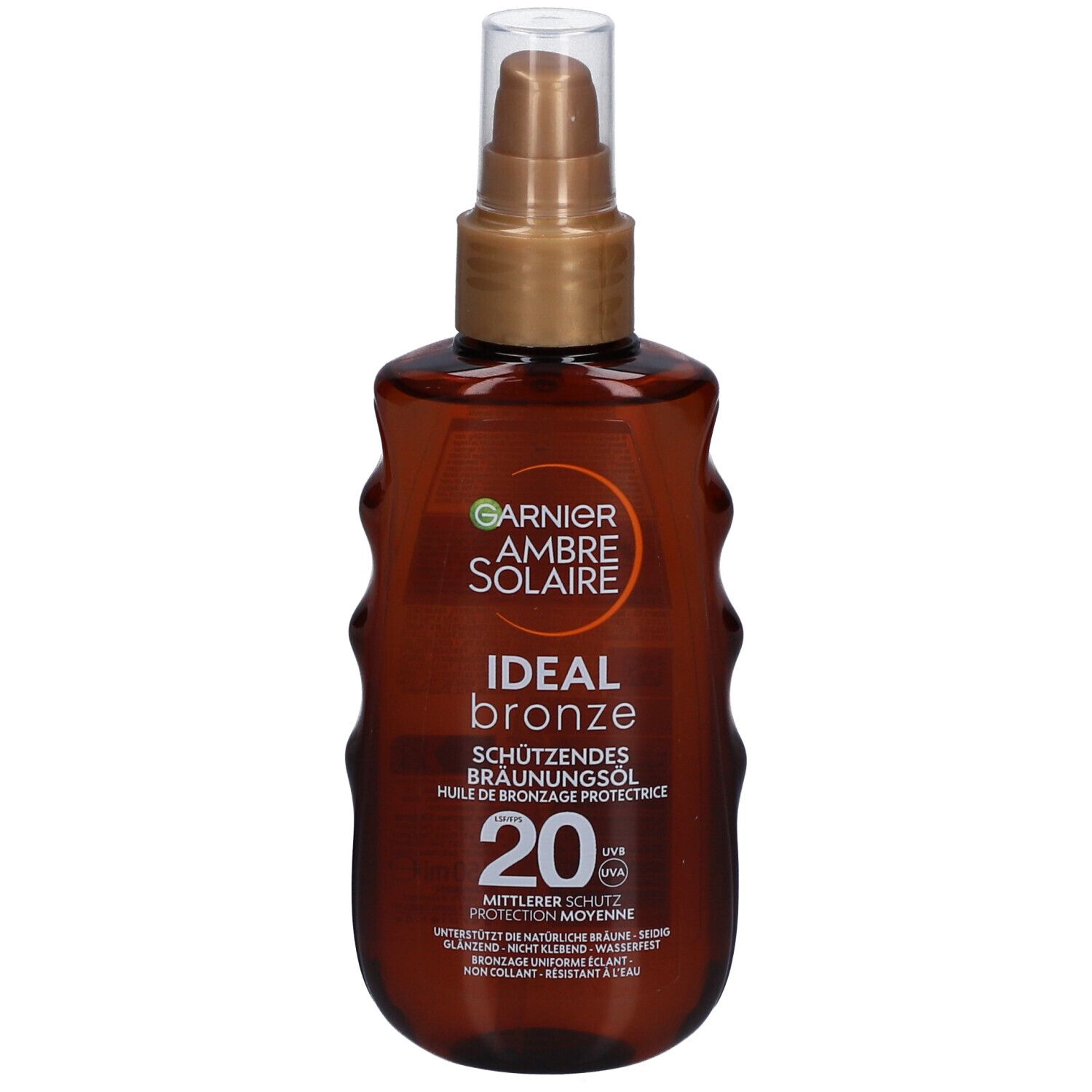 Bruine fles met verstuiver. Opschrift: Garnier Ambre Solaire, Ideal Bronze, factor 20.