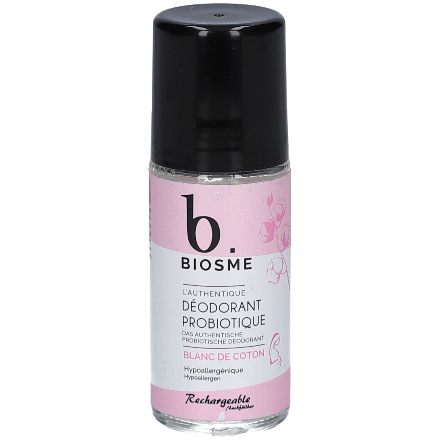 Déodorant roll-on avec bouchon noir. Inscription: BIOSME, DÉODORANT PROBIOTIQUE, Blanc de Coton. Étiquette rose avec fleurs.