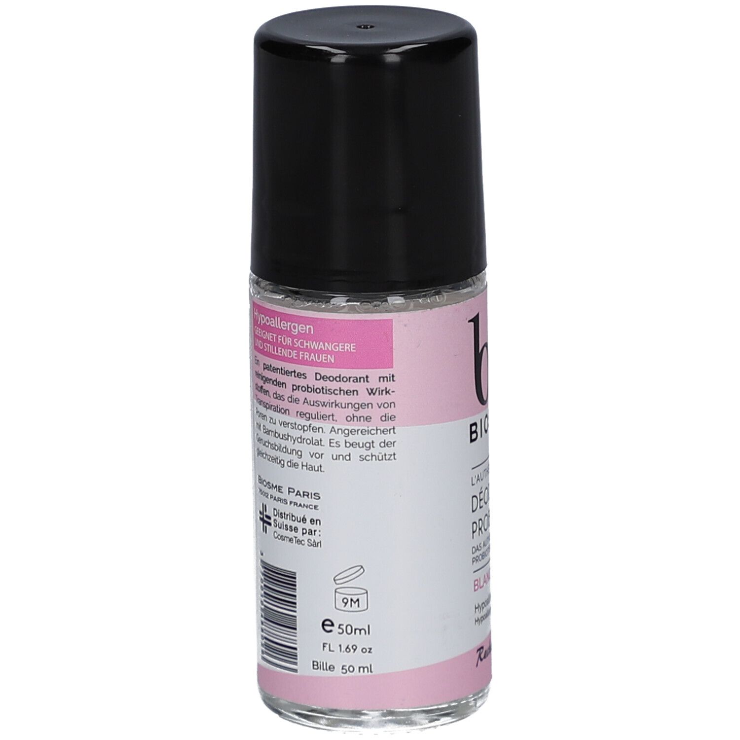 Dos du déodorant roll-on. Étiquette rose avec texte et logos. Inscription: BIOSME, 9M, 50ml. Contient des informations.