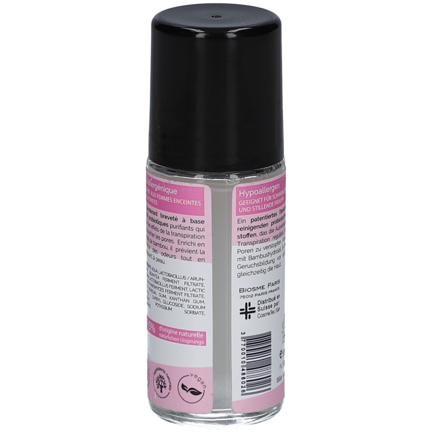 Dos du déodorant roll-on. Étiquette rose avec texte et logos. Contient des informations sur les ingrédients et certifications.