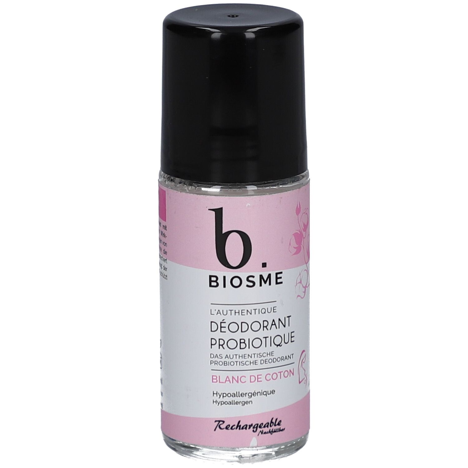 Déodorant roll-on avec bouchon noir. Inscription: BIOSME, DÉODORANT PROBIOTIQUE, Blanc de Coton. Étiquette rose avec fleurs.