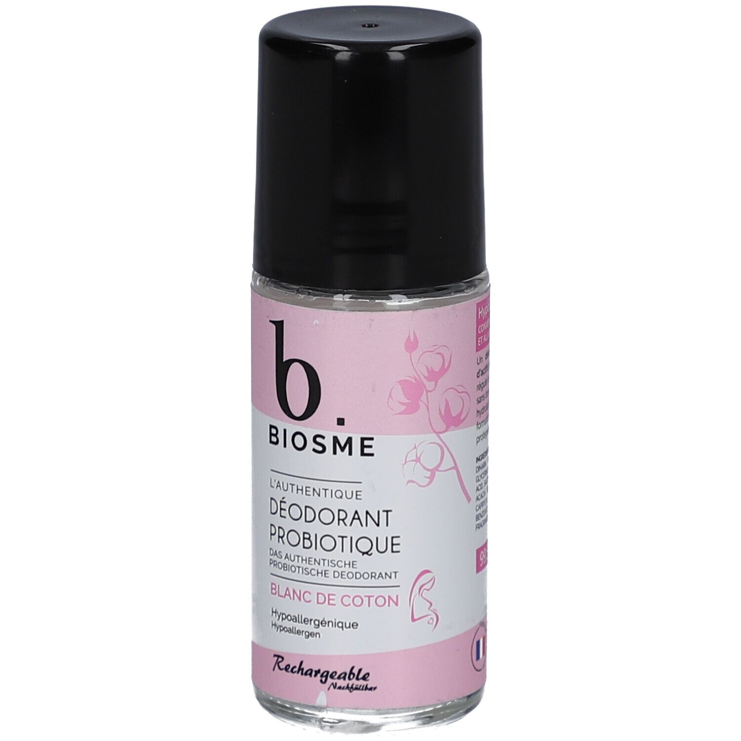 Déodorant roll-on avec bouchon noir. Inscription: BIOSME, DÉODORANT PROBIOTIQUE, Blanc de Coton. Étiquette rose avec fleurs.