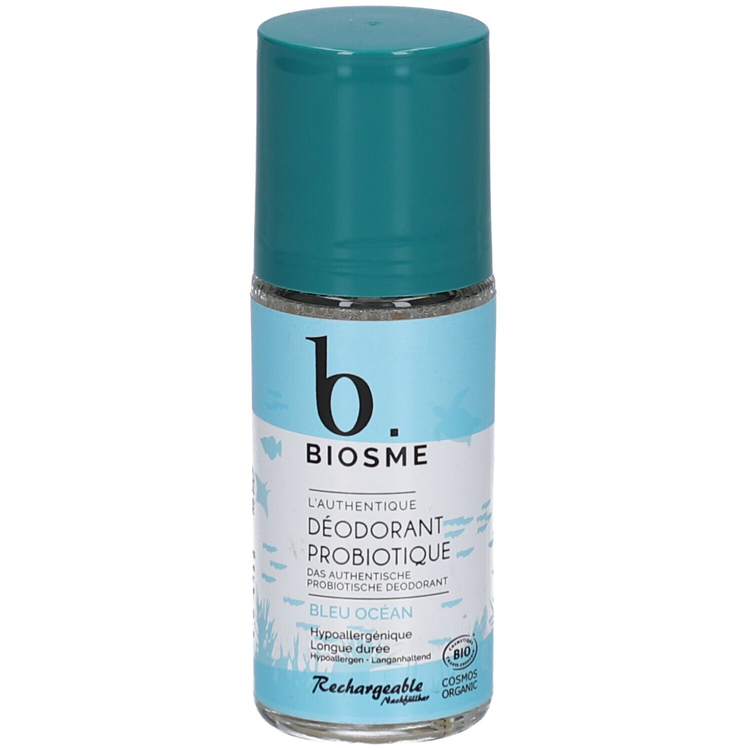 Blauwe roll-on deodorant. Opschrift: BIOSME, L'authentique Déodorant Probiotique, Bleu Océan. Bio-label.