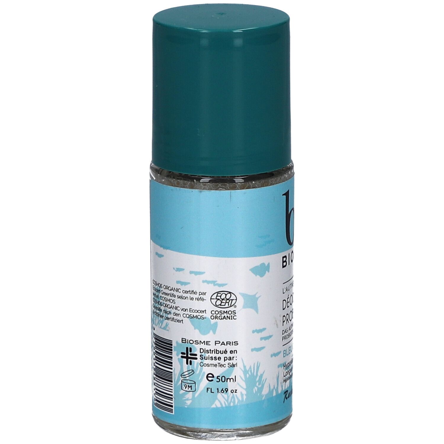 Achterkant van de roll-on deodorant. Opschrift: BIOSME PARIS, 50ml, COSMOS ORGANIC. Ingrediënten en certificeringen.