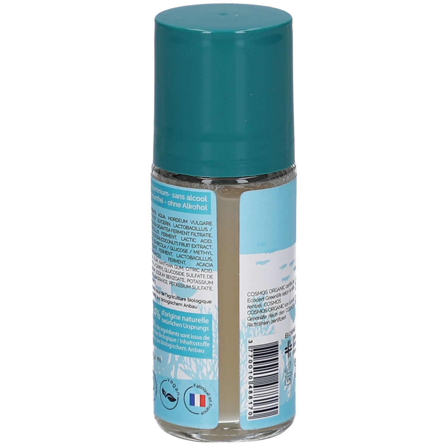 Achterkant van de roll-on deodorant. Lijst van ingrediënten en certificeringen. Met Franse en EU-labels.