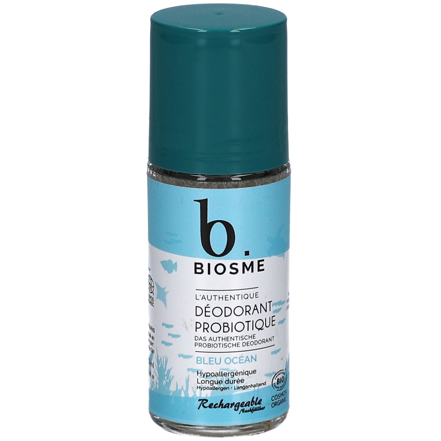 Blauwe roll-on deodorant. Opschrift: BIOSME, L'authentique Déodorant Probiotique, Bleu Océan. Bio-label.