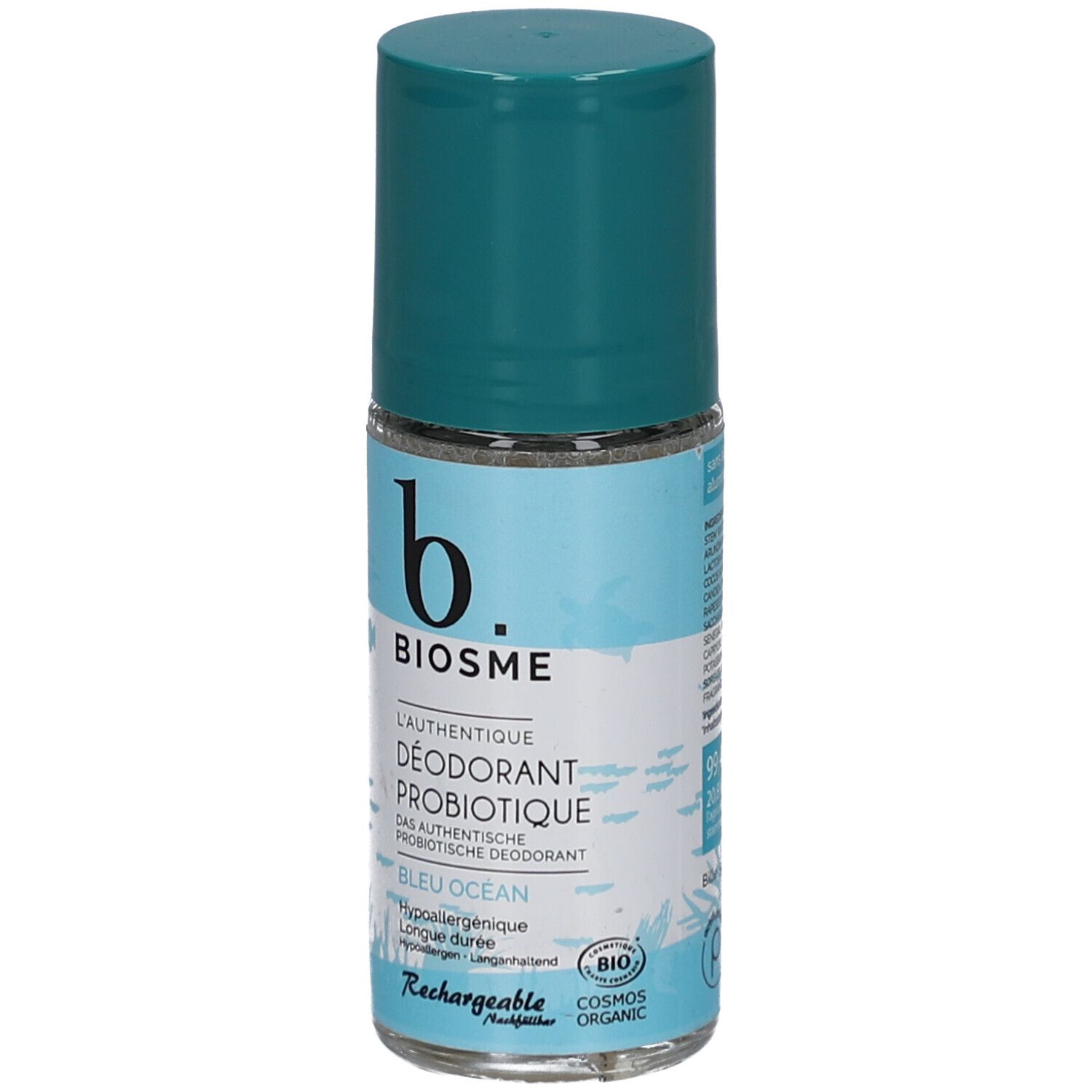 Blauwe roll-on deodorant. Opschrift: BIOSME, L'authentique Déodorant Probiotique, Bleu Océan. Bio-label.