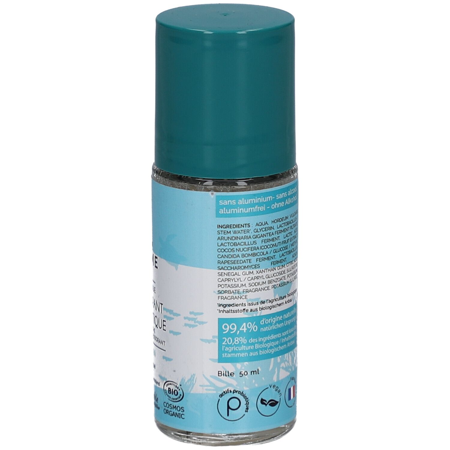 Achterkant van de roll-on deodorant. Opschrift: Ingrediënten, 50 ml, bio-label. Zonder aluminium.