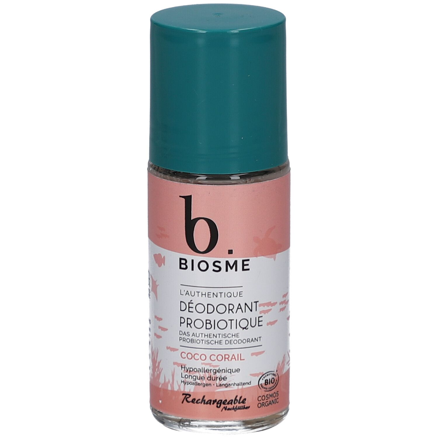 Roll-on deodorant met groene dop. Opschrift: BIOSME, L'authentique Déodorant Probiotique, Coco Corail. Bio-label.