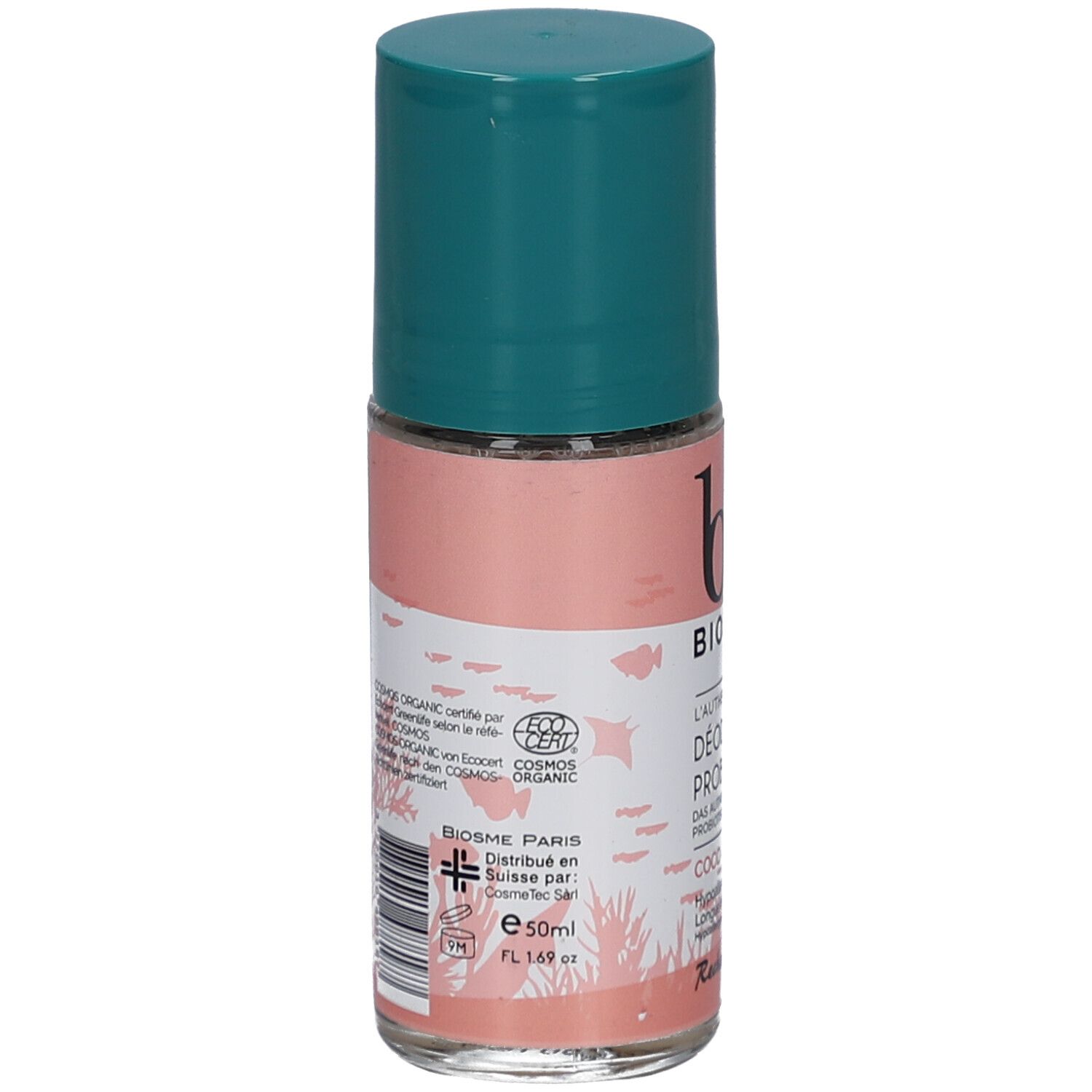 Achterkant van de roll-on deodorant. Opschrift: BIOSME PARIS, COSMOS ORGANIC certificering, barcode. Ingrediënten.