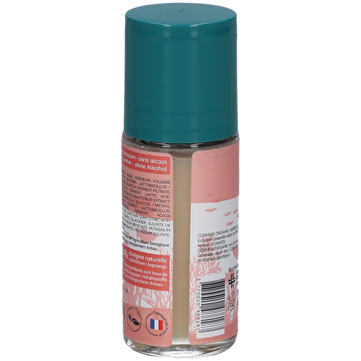 Achterkant van de roll-on deodorant. Opschrift: Ingrediënten, zonder alcohol, bio-certificering, barcode.