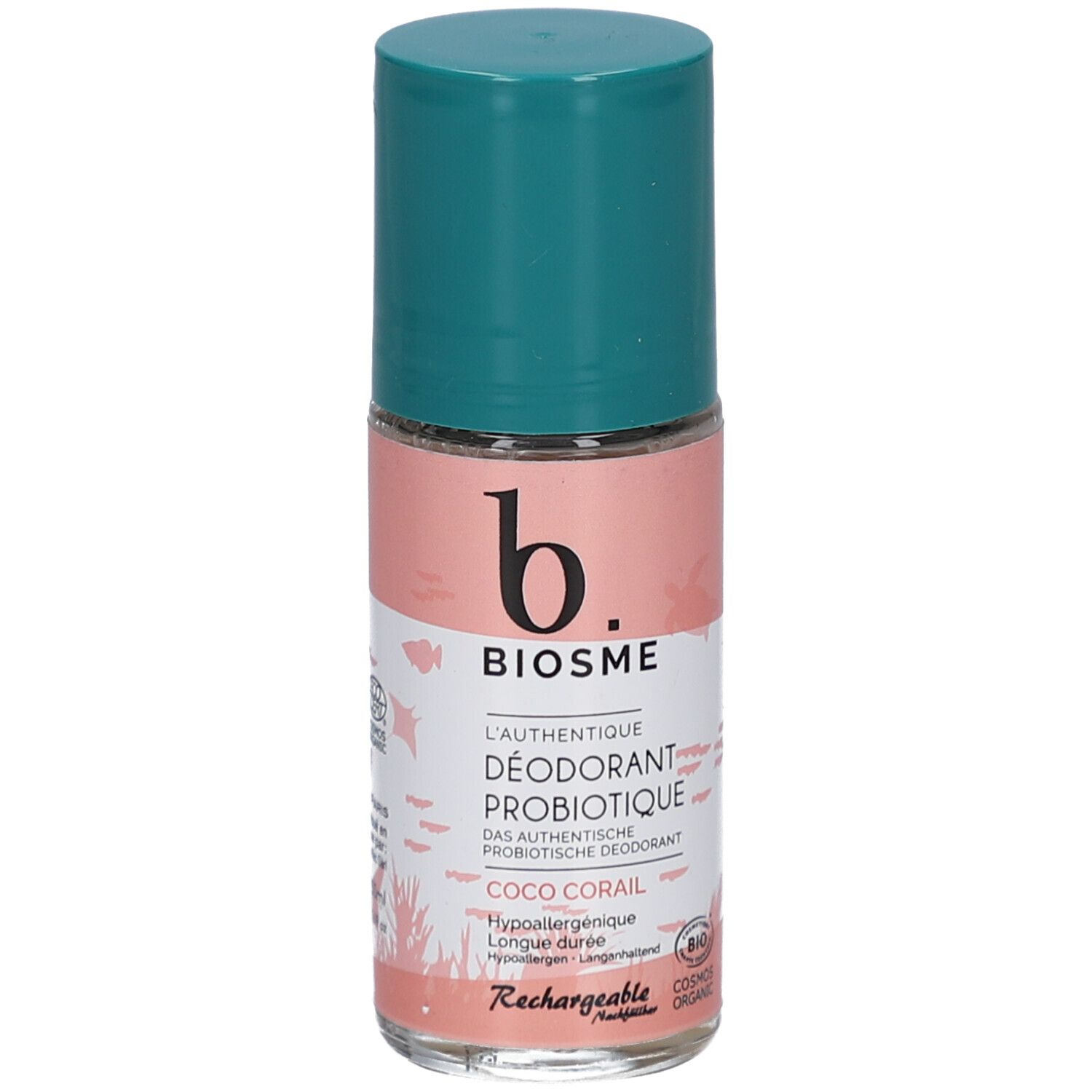 Roll-on deodorant met groene dop. Opschrift: BIOSME, L'authentique Déodorant Probiotique, Coco Corail. Bio-label.