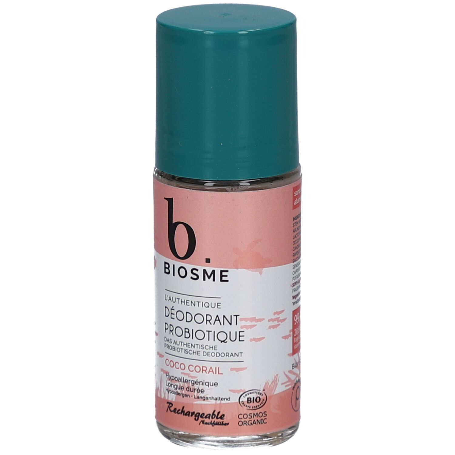 Roll-on deodorant met groene dop. Opschrift: BIOSME, L'authentique Déodorant Probiotique, Coco Corail. Bio-label.